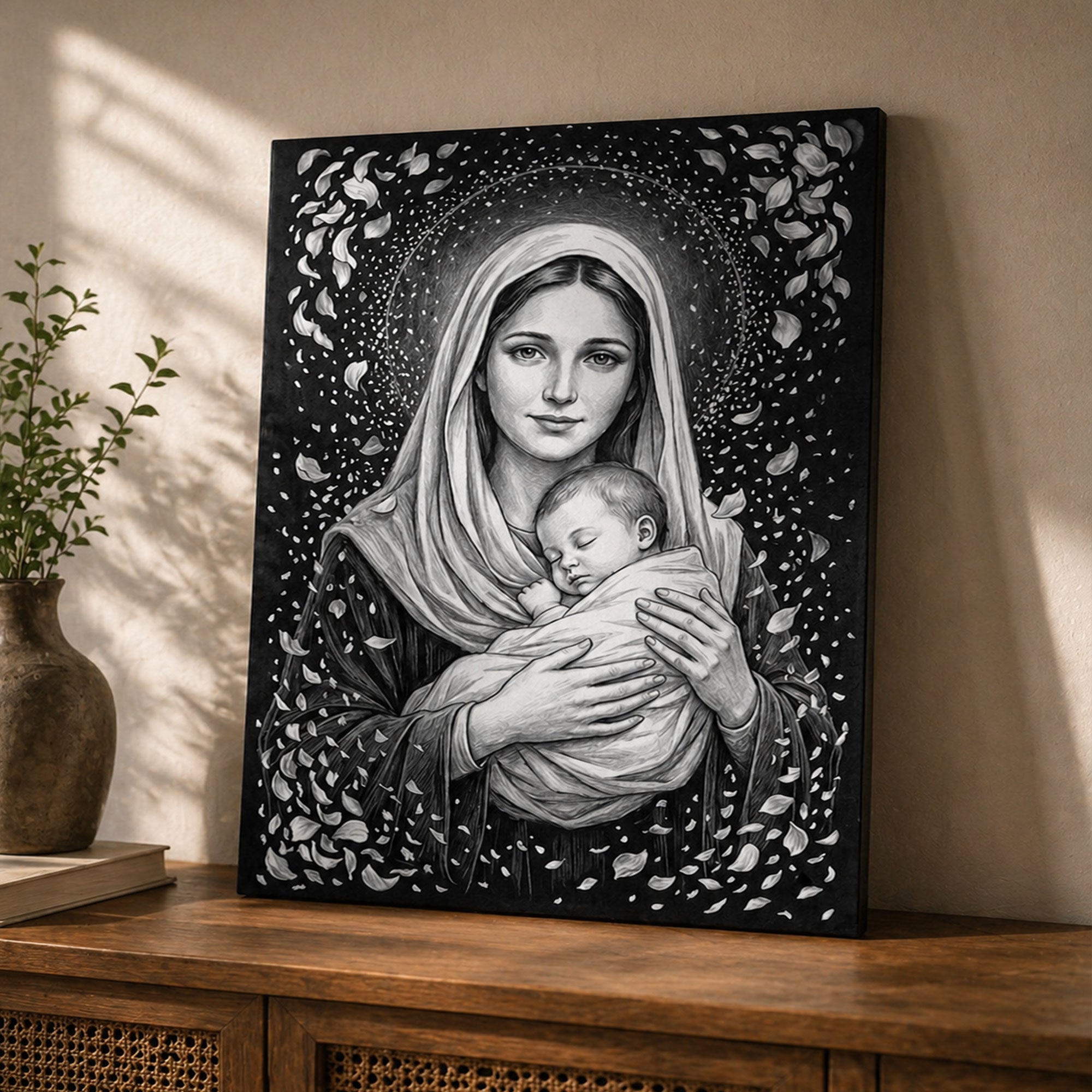 Black and White Virgin Mary with Child Canvas Print, Madonna and Baby Jesus Wall Art, Catholic Religious Decor