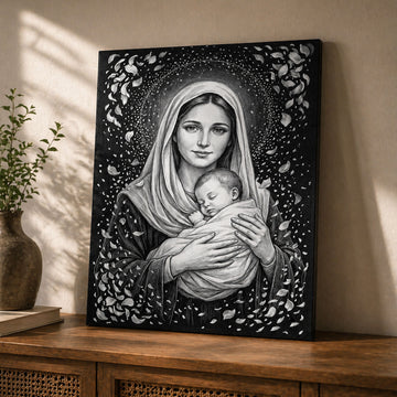 Black and White Virgin Mary with Child Canvas Print, Madonna and Baby Jesus Wall Art, Catholic Religious Decor