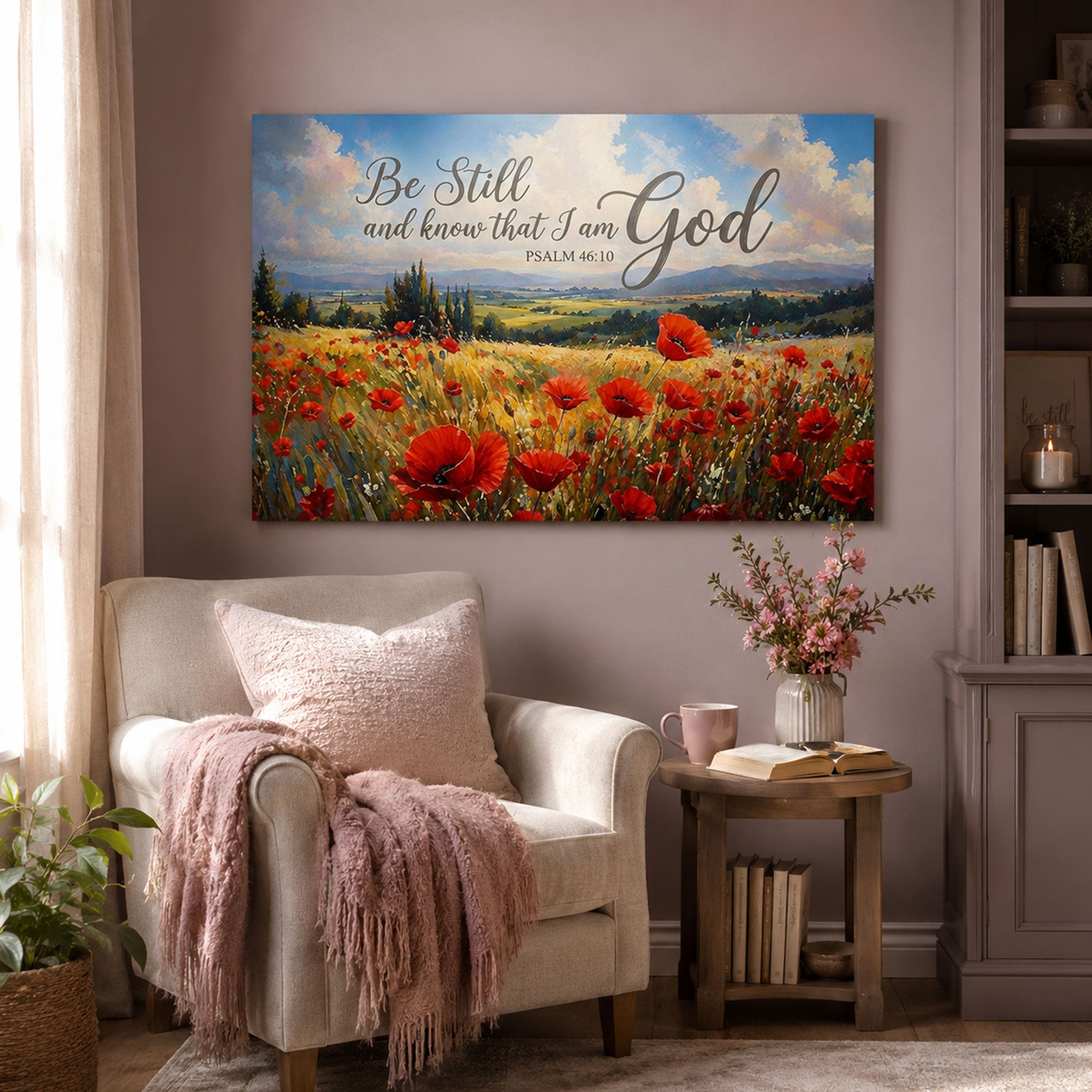 “Be Still and Know That I Am God” Psalm Canvas Print, Jesus in Poppy Field Wall Art, Christian Faith Decor