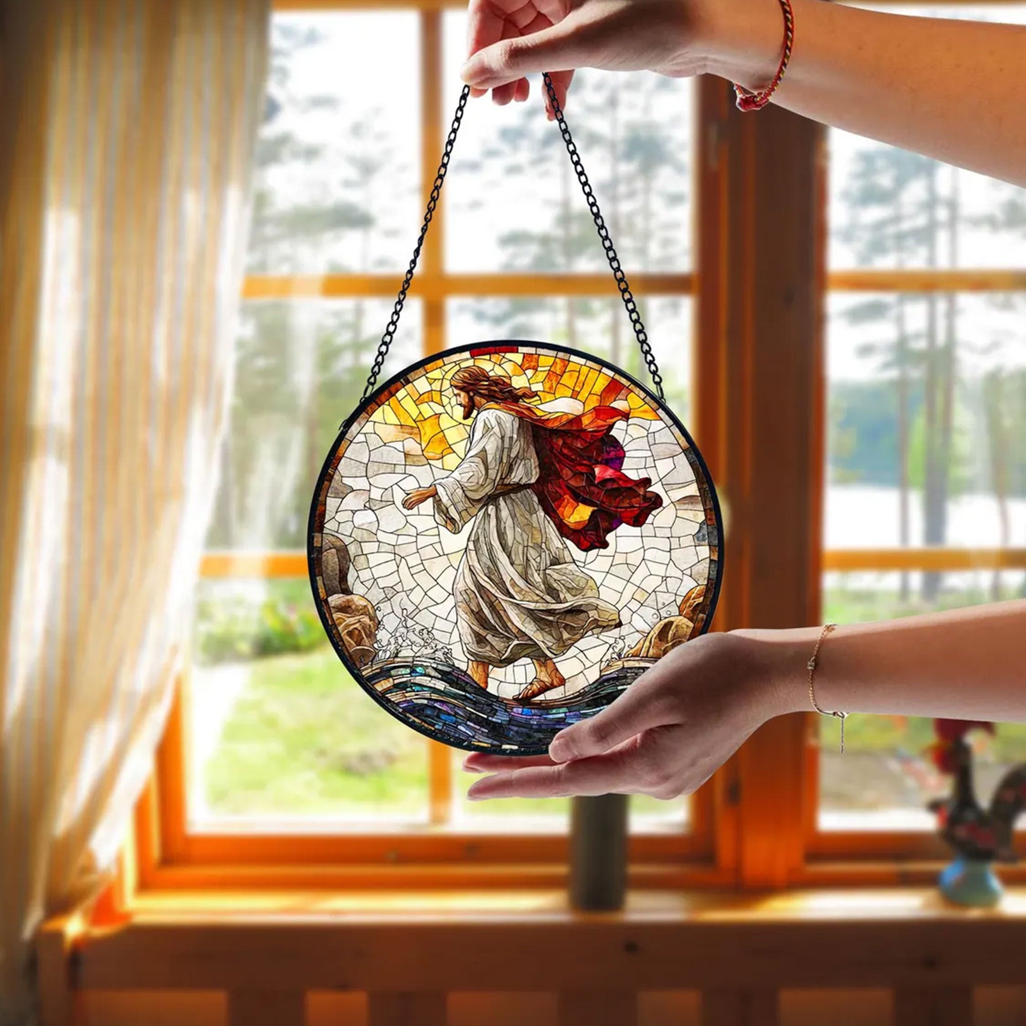 Jesus Stained Glass Suncatcher, Christian Window Hanging Decor, Religious Faith Gift, Spiritual Home Ornament