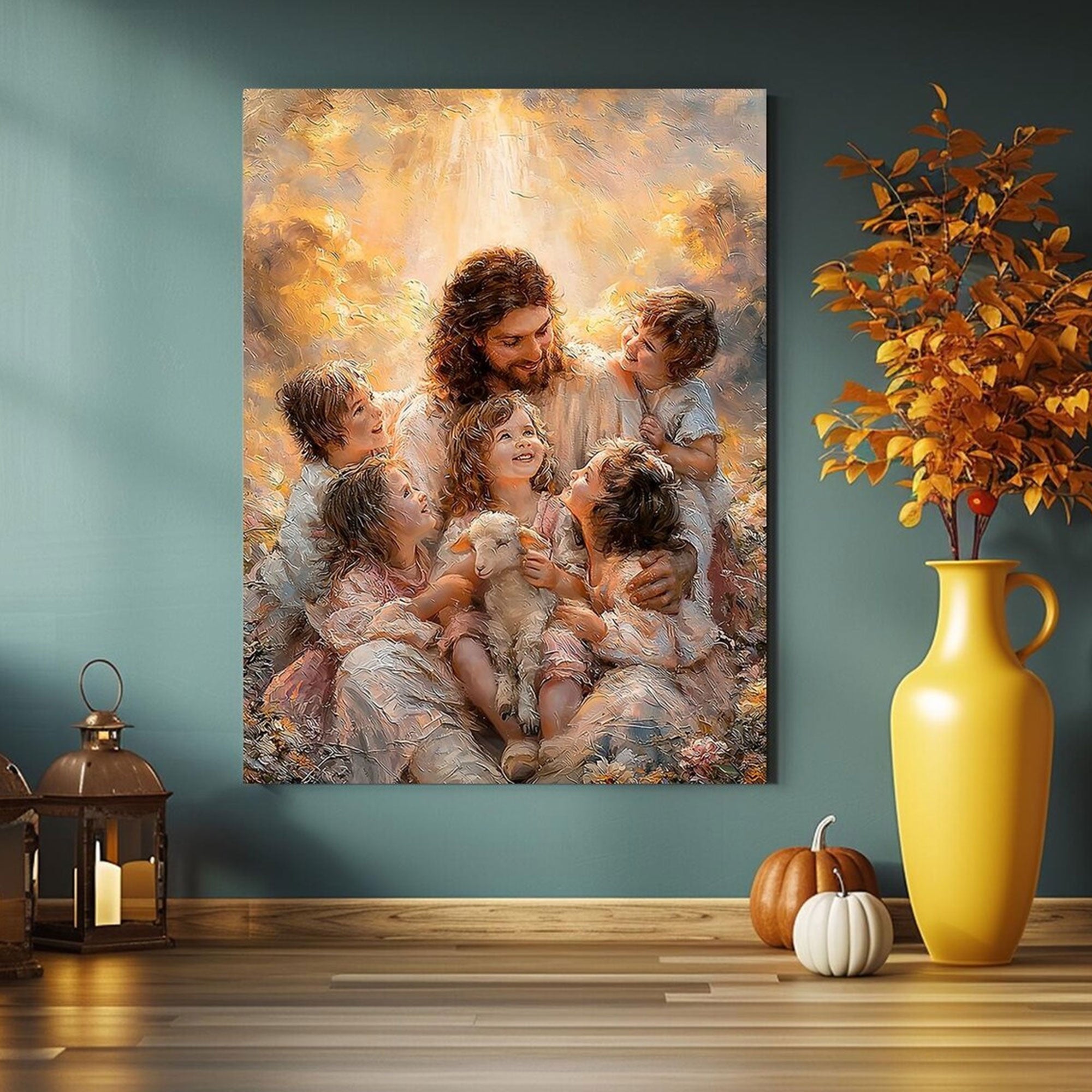 Jesus with Children Canvas Wall Art Christian Faith Nursery Decor Inspirational Family Home Artwork