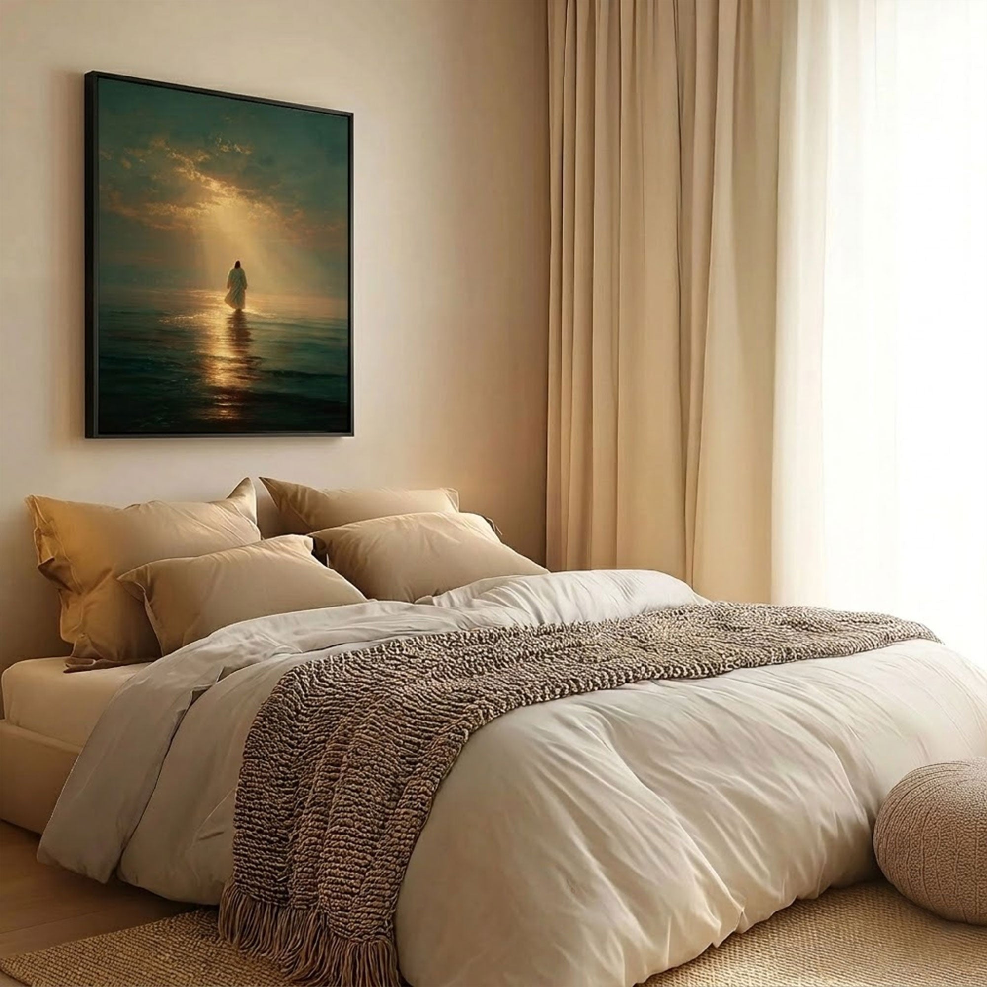 Jesus Walking on Water Canvas Print, Faith Over Fear Christian Wall Art, Divine Light Ocean Scene, Spiritual Home Decor, Inspirational Religious Gift