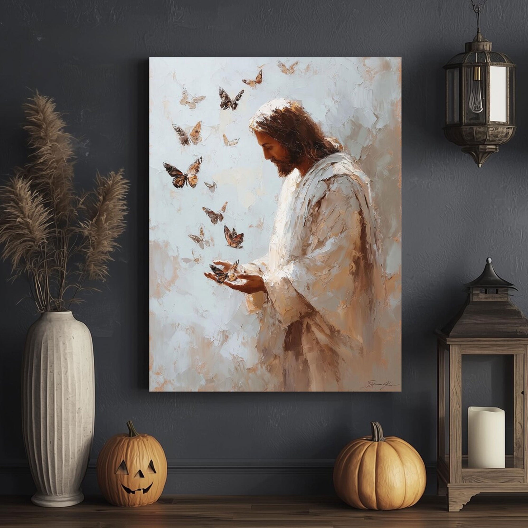 Jesus with Butterflies Canvas Print, Christian Inspirational Wall Art, Peaceful Faith Home Decor