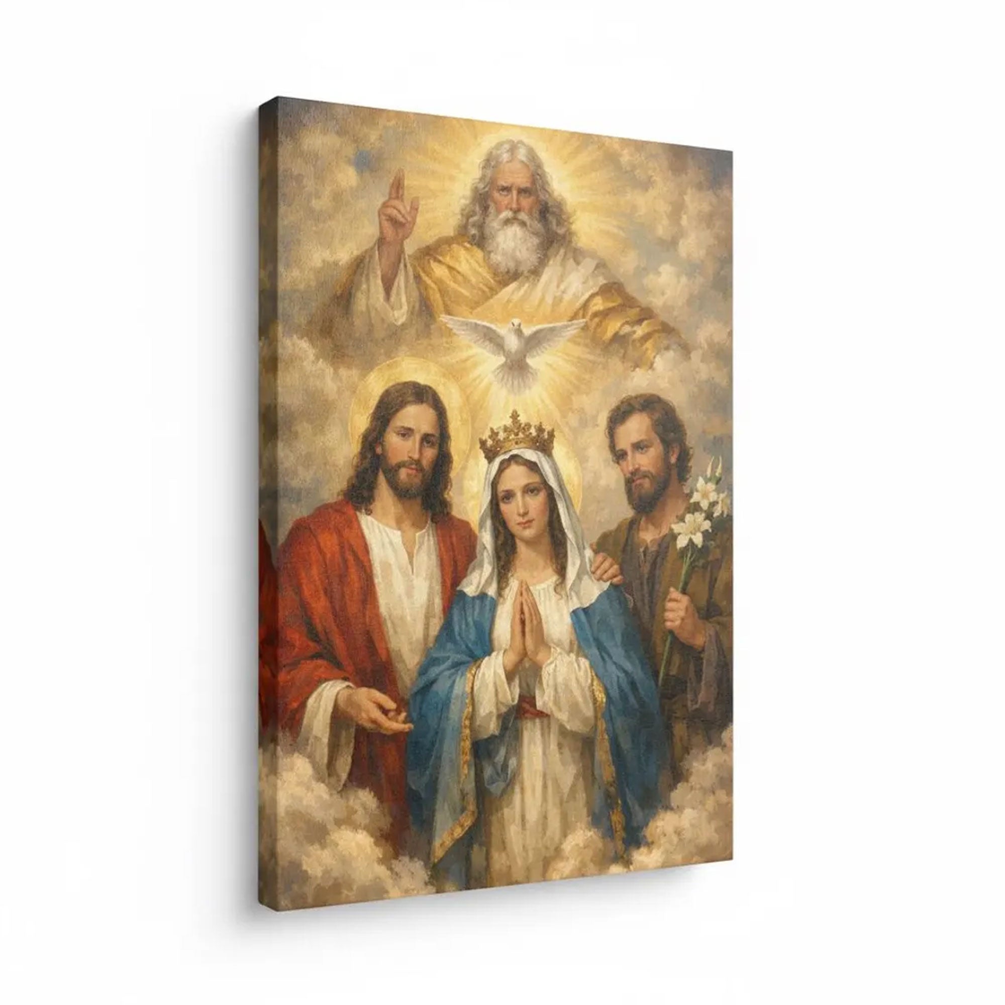 Catholic Holy Family Canvas Print, Virgin Mary Jesus and Joseph Wall Art, Sacred Christian Faith Home Decor