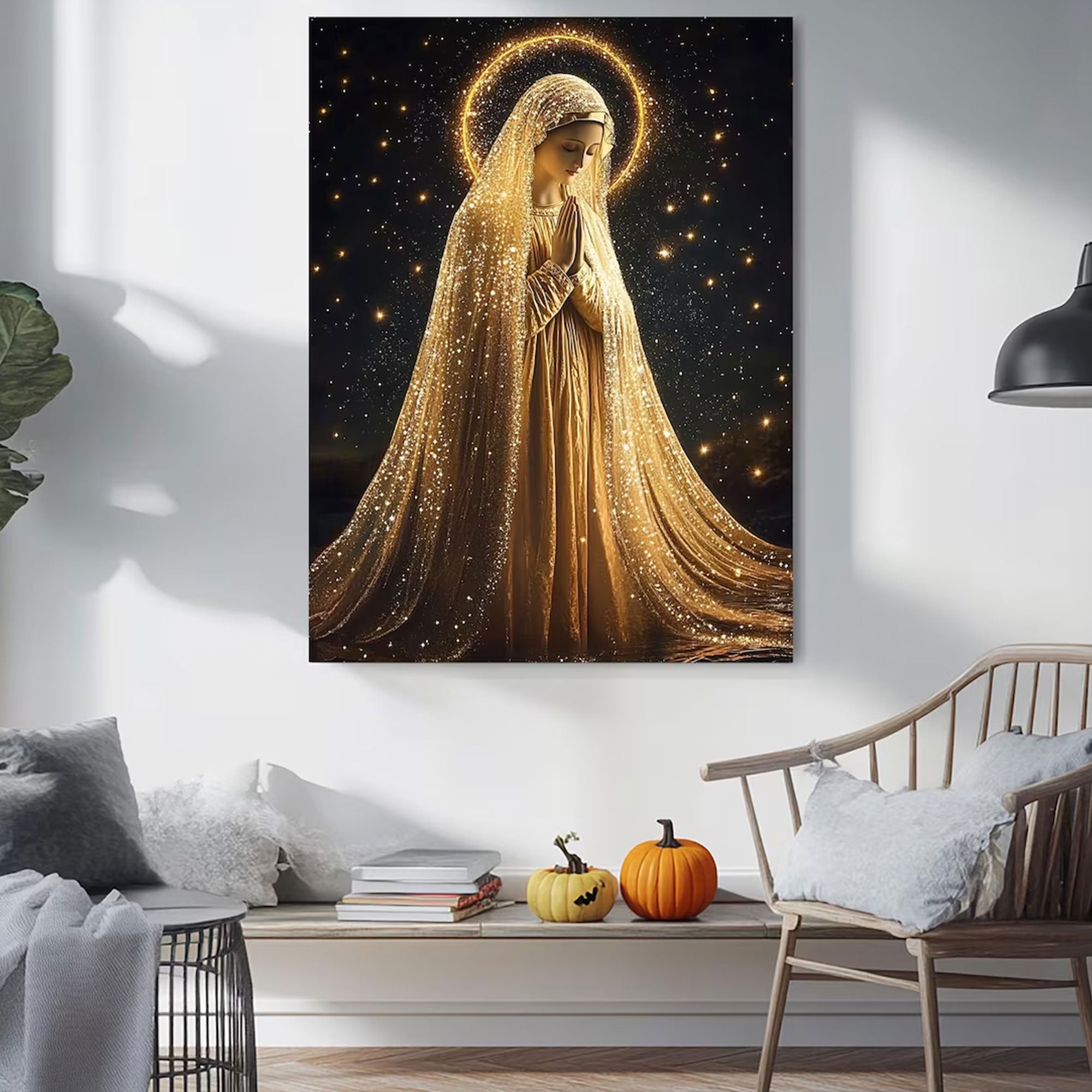 Golden Virgin Mary Canvas Print, Radiant Madonna Wall Art, Catholic Religious Decor, Blessed Mother Faith Artwork