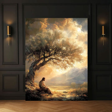 Jesus Praying Under Tree Canvas Wall Art, Christian Faith Landscape, Religious Home Decor