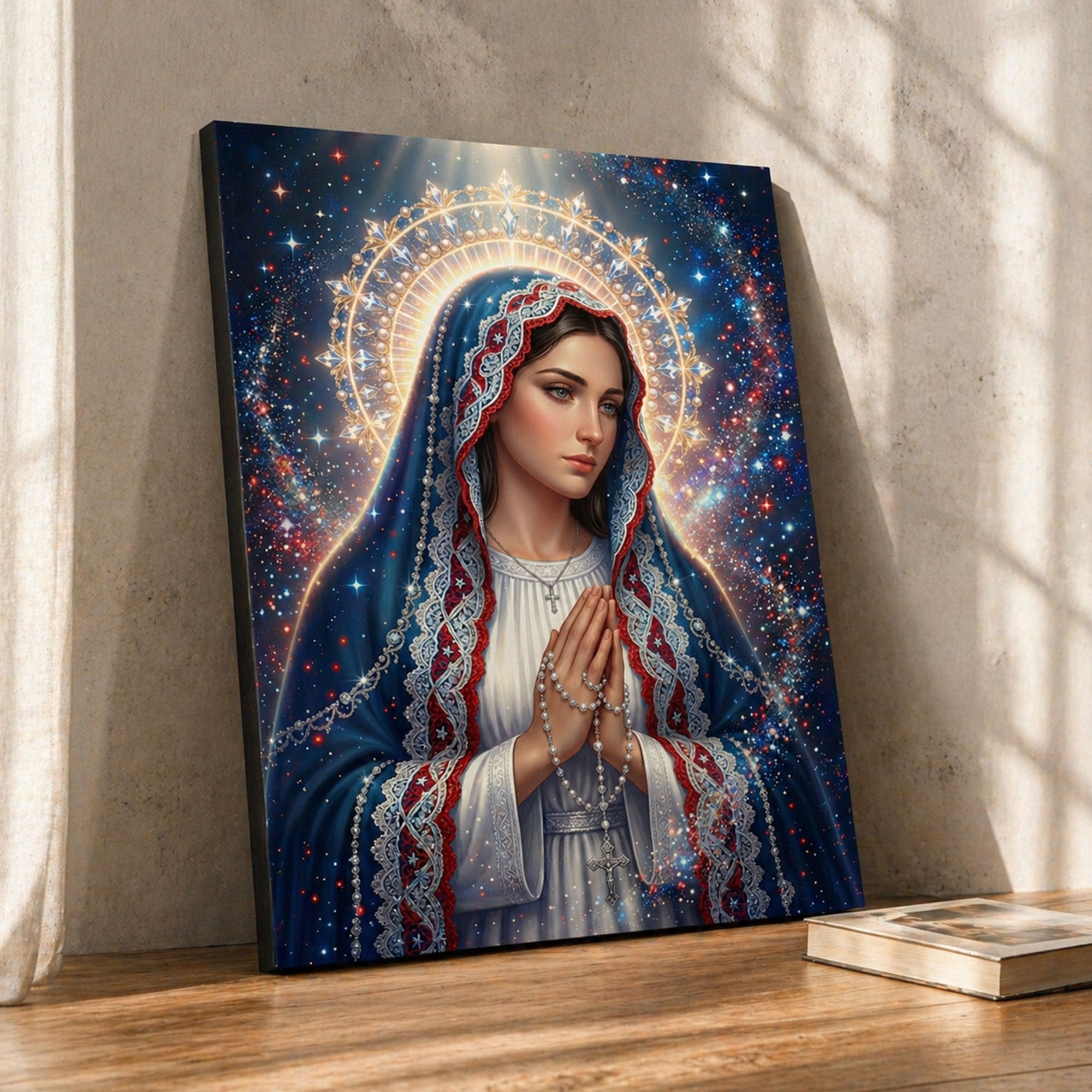 Praying Virgin Mary Canvas Print, Rosary Madonna Wall Art, Starry Sky Catholic Decor, Red White Blue Faith Artwork