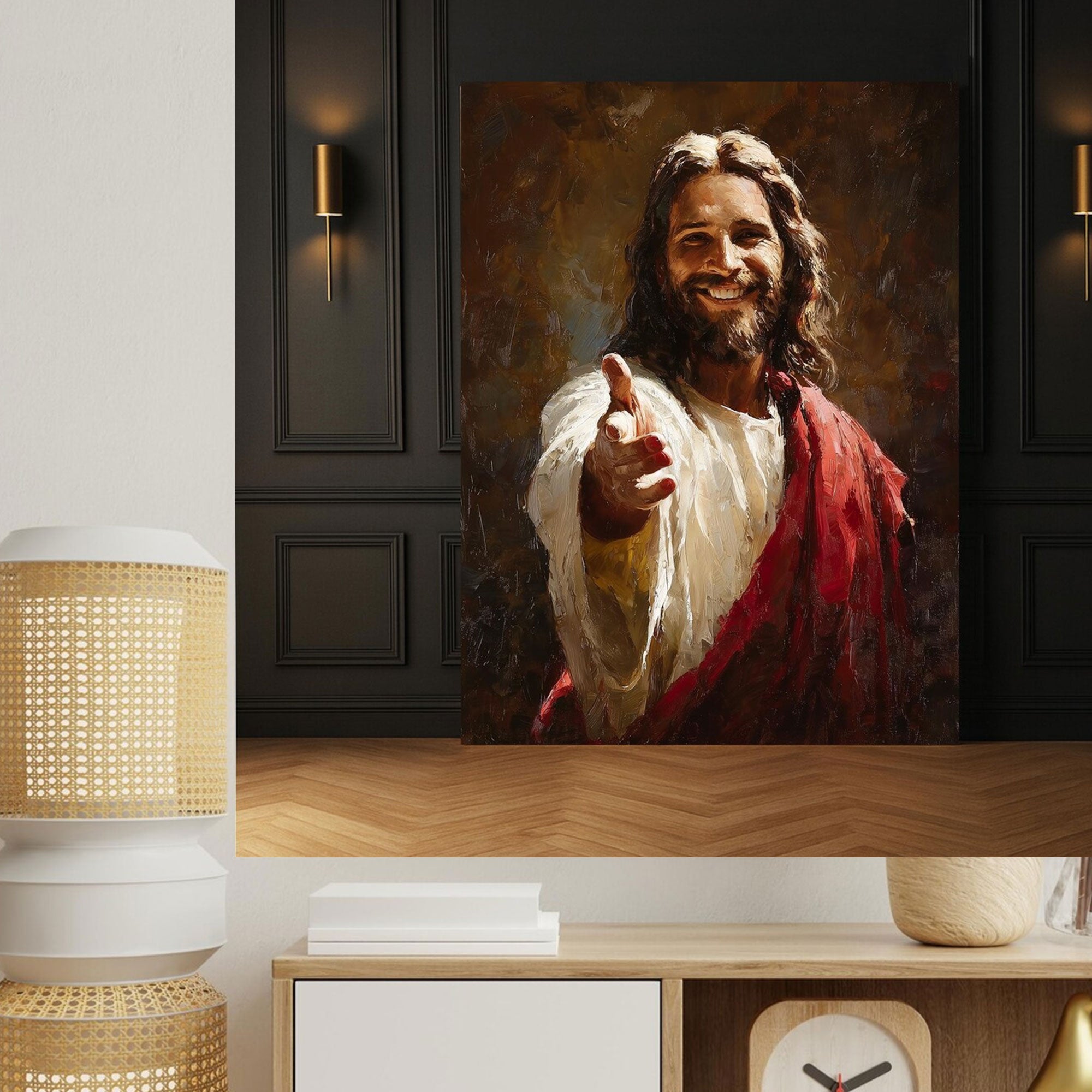 Smiling Jesus Welcoming Canvas Print, Inspirational Christian Faith Wall Art, Religious Home Decor Gift