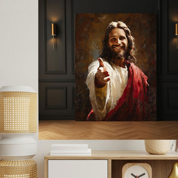 Smiling Jesus Welcoming Canvas Print, Inspirational Christian Faith Wall Art, Religious Home Decor Gift