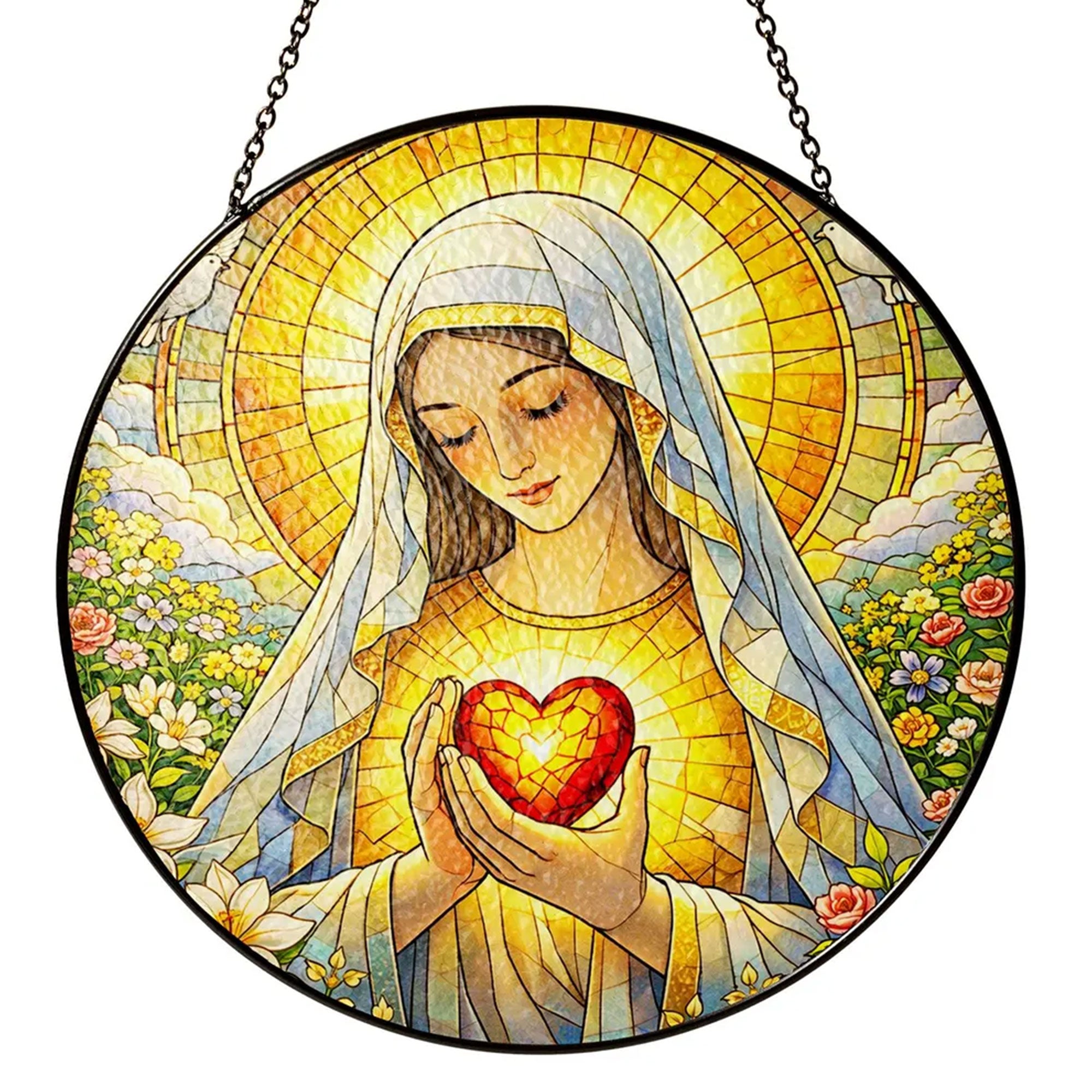 Virgin Mary Stained Glass Suncatcher, Immaculate Heart of Mary Window Hanging, Catholic Religious Decor, Faith Gift