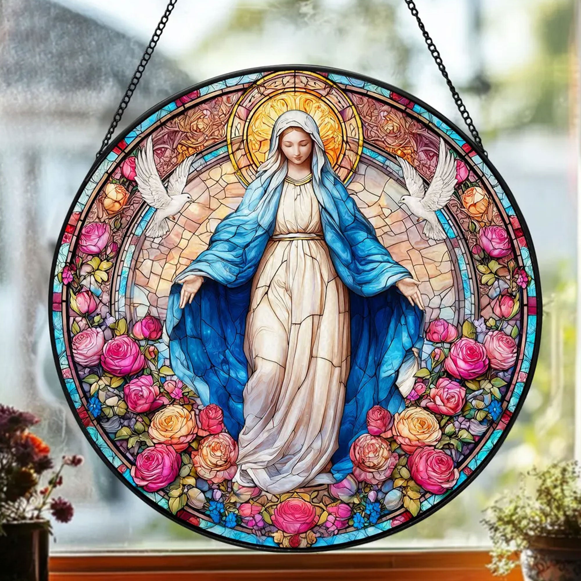 Our Lady of Grace Stained Glass Suncatcher, Virgin Mary Window Hanging, Catholic Religious Gift