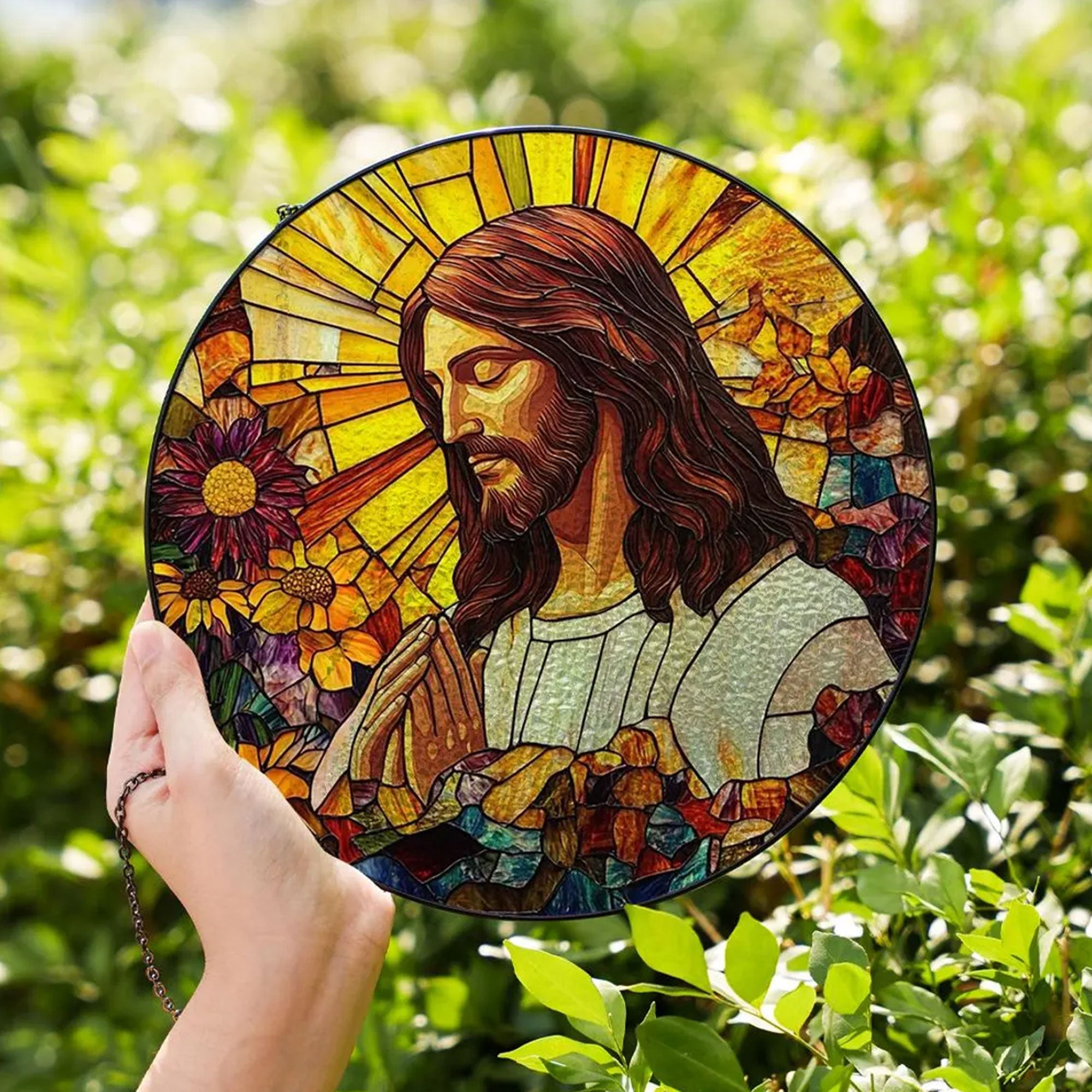 Jesus Stained Glass Suncatcher, Christian Window Hanging Decor, Floral Faith Gift, Religious Home Ornament