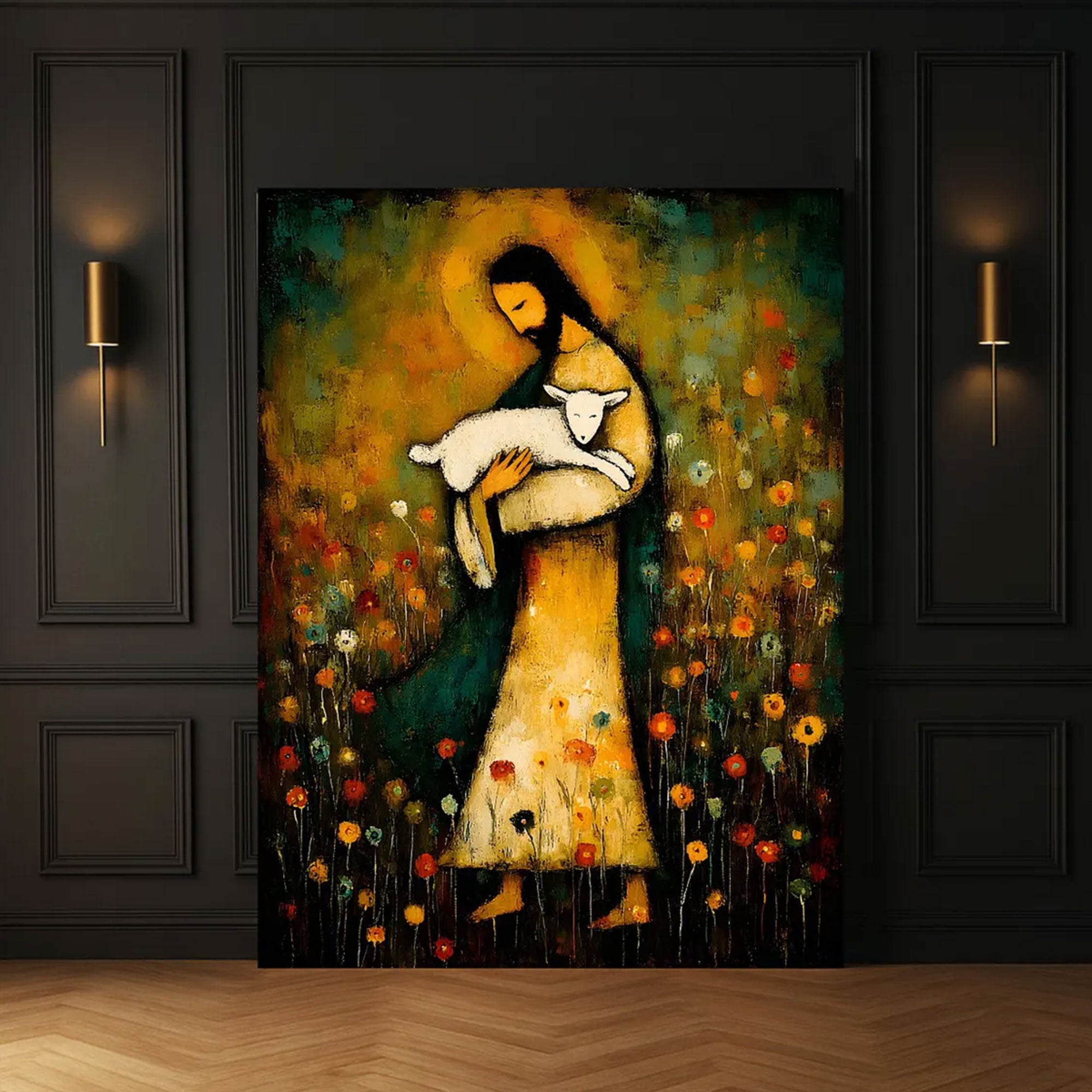 Jesus Holding Lamb Canvas Print, Good Shepherd Wall Art, Folk Art Christian Painting, Religious Home Decor, Inspirational Faith Gift