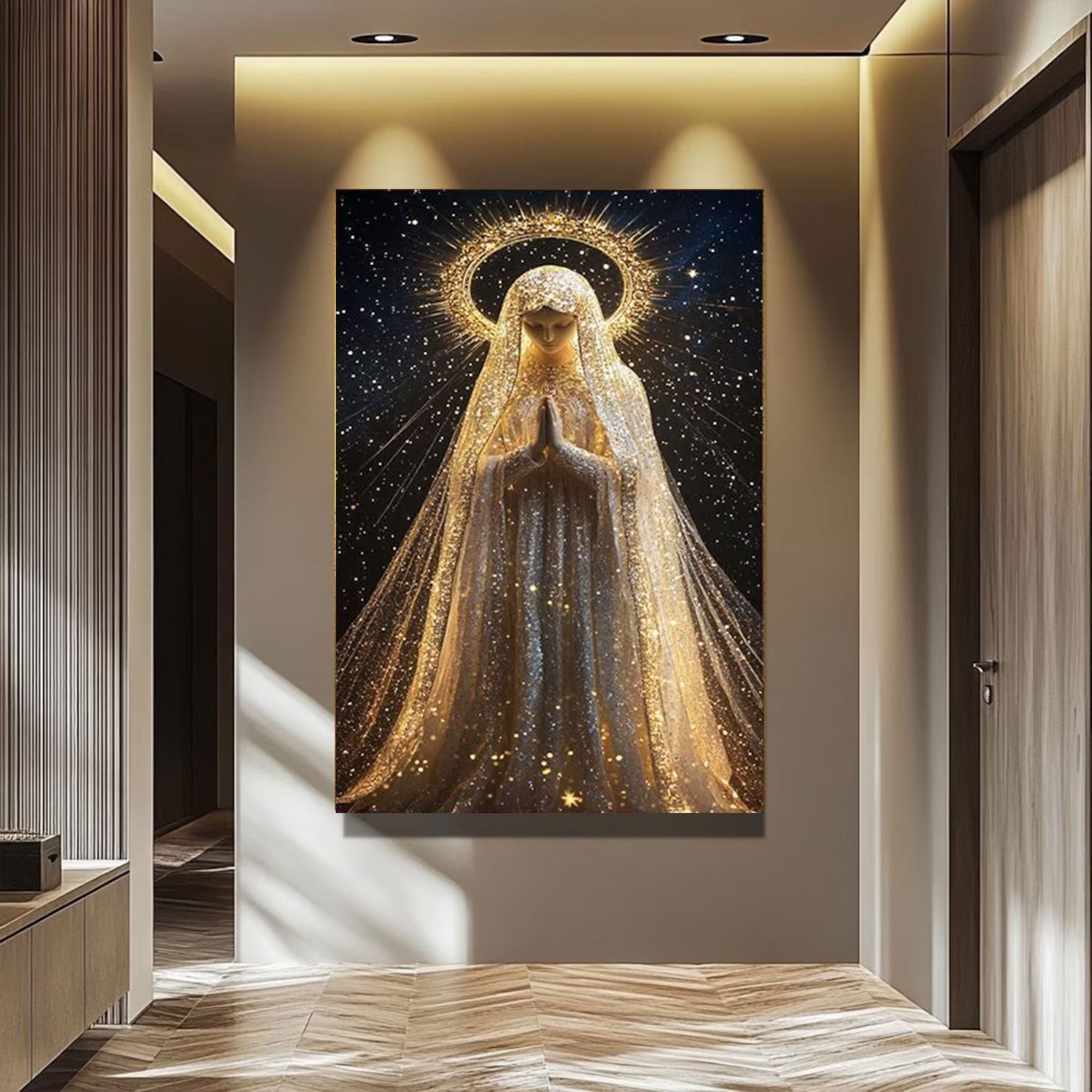 Virgin Mary Wall Art Canvas Print, Mother Mary with Starry Halo Spiritual Religious Canvas for Prayer Space