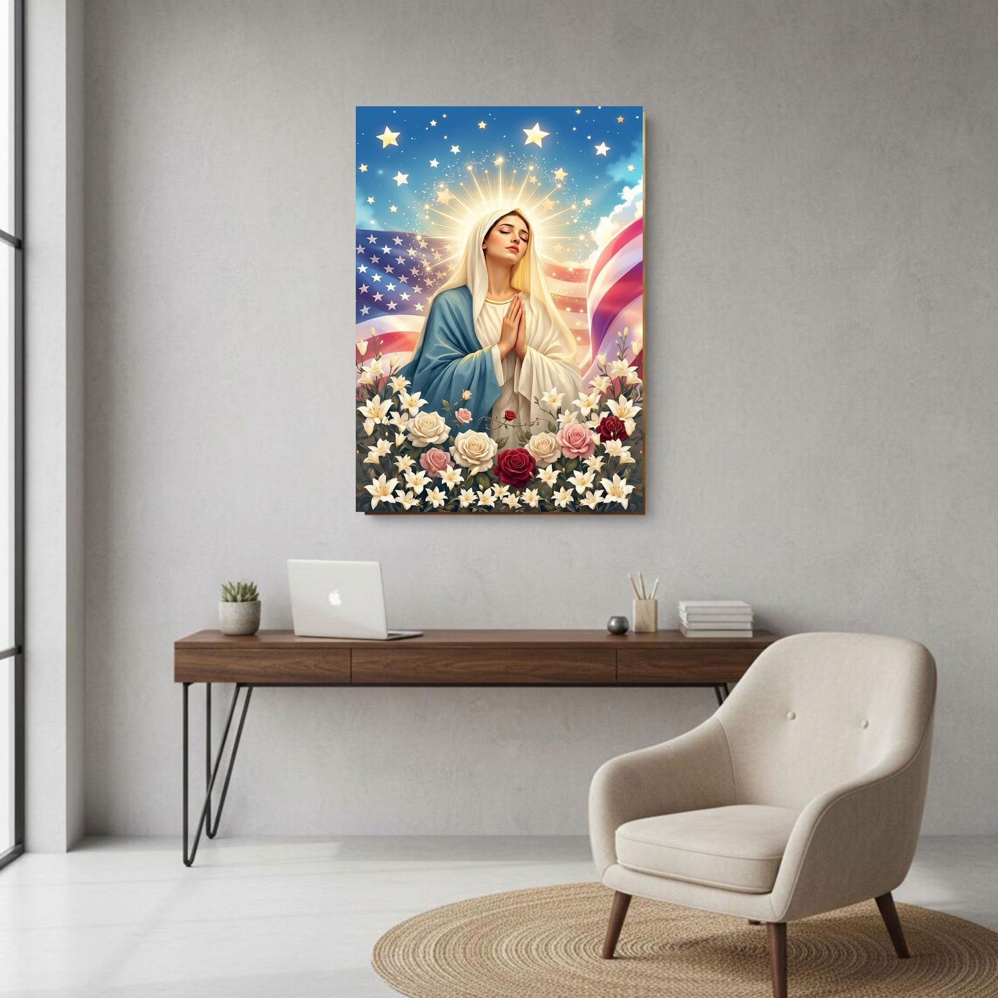 Virgin Mary Prayer Canvas Print, Blessed Mother Wall Art, Faith and Protection Artwork, Patriotic Christian Decor, Inspirational Spiritual Gift