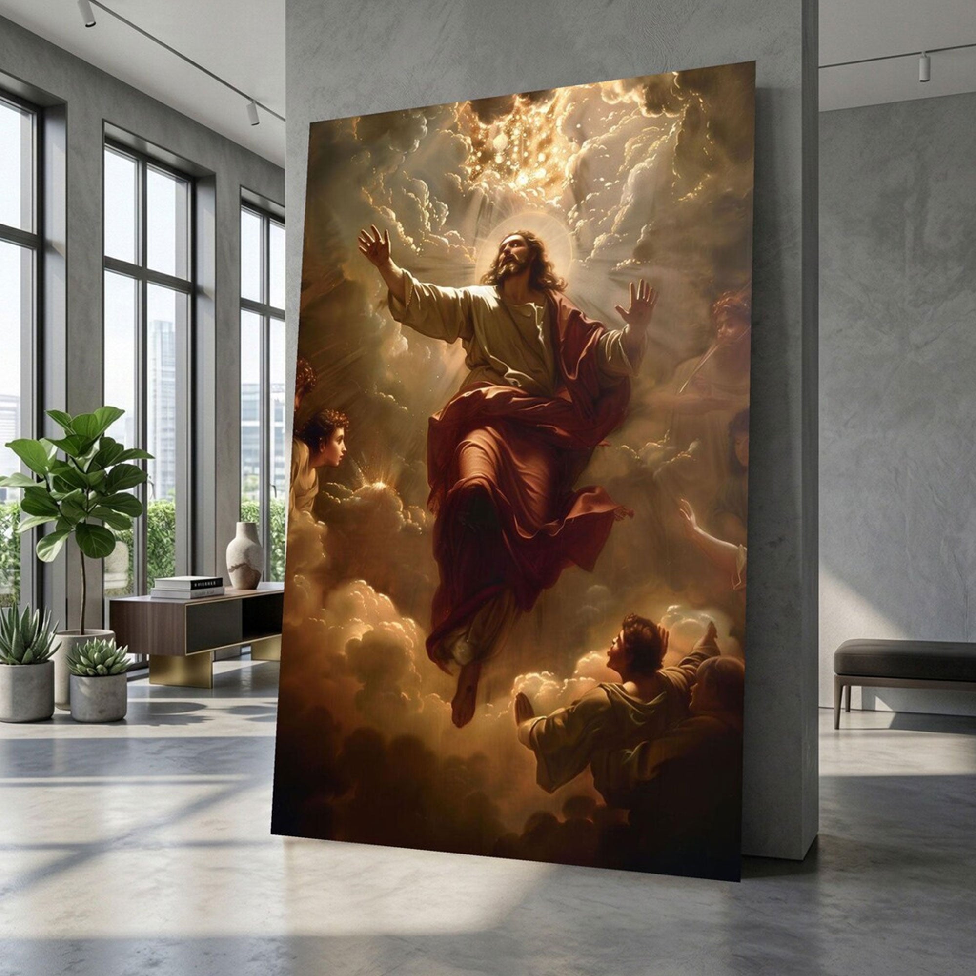 Ascending Christ Canvas Print, Christian Wall Art, Divine Light Decor, Heavenly Clouds Scene