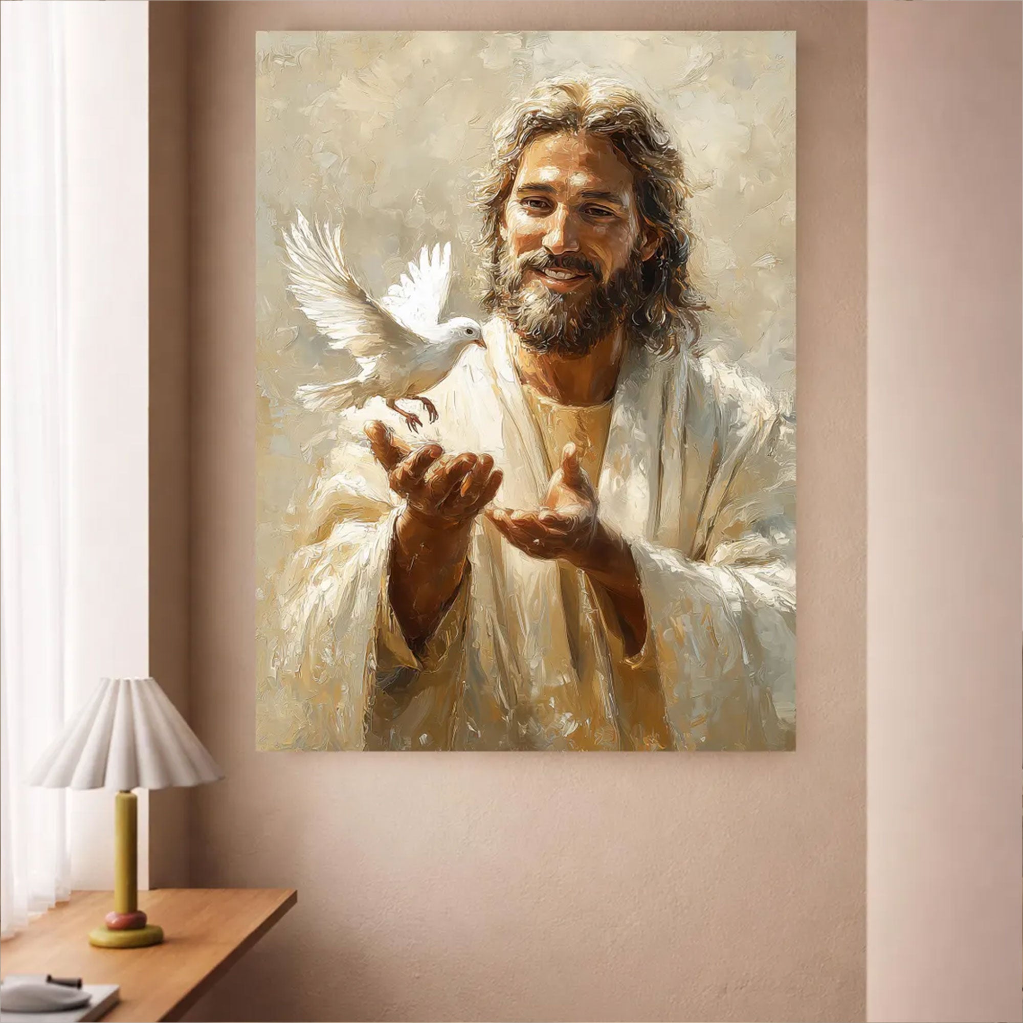 Jesus with Dove Canvas Print, Holy Spirit Christian Wall Art, Peaceful Faith Home Decor