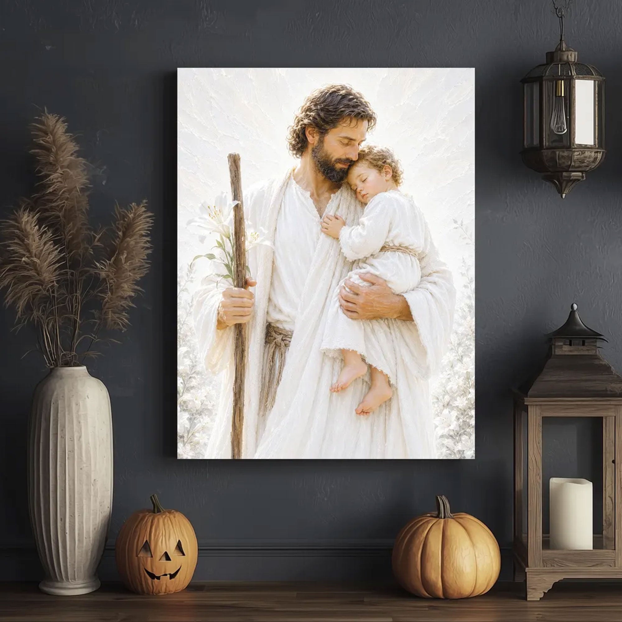 Saint Joseph Holding Baby Jesus Canvas Print, Christian Fatherly Love Wall Art, Peaceful Catholic Home Decor