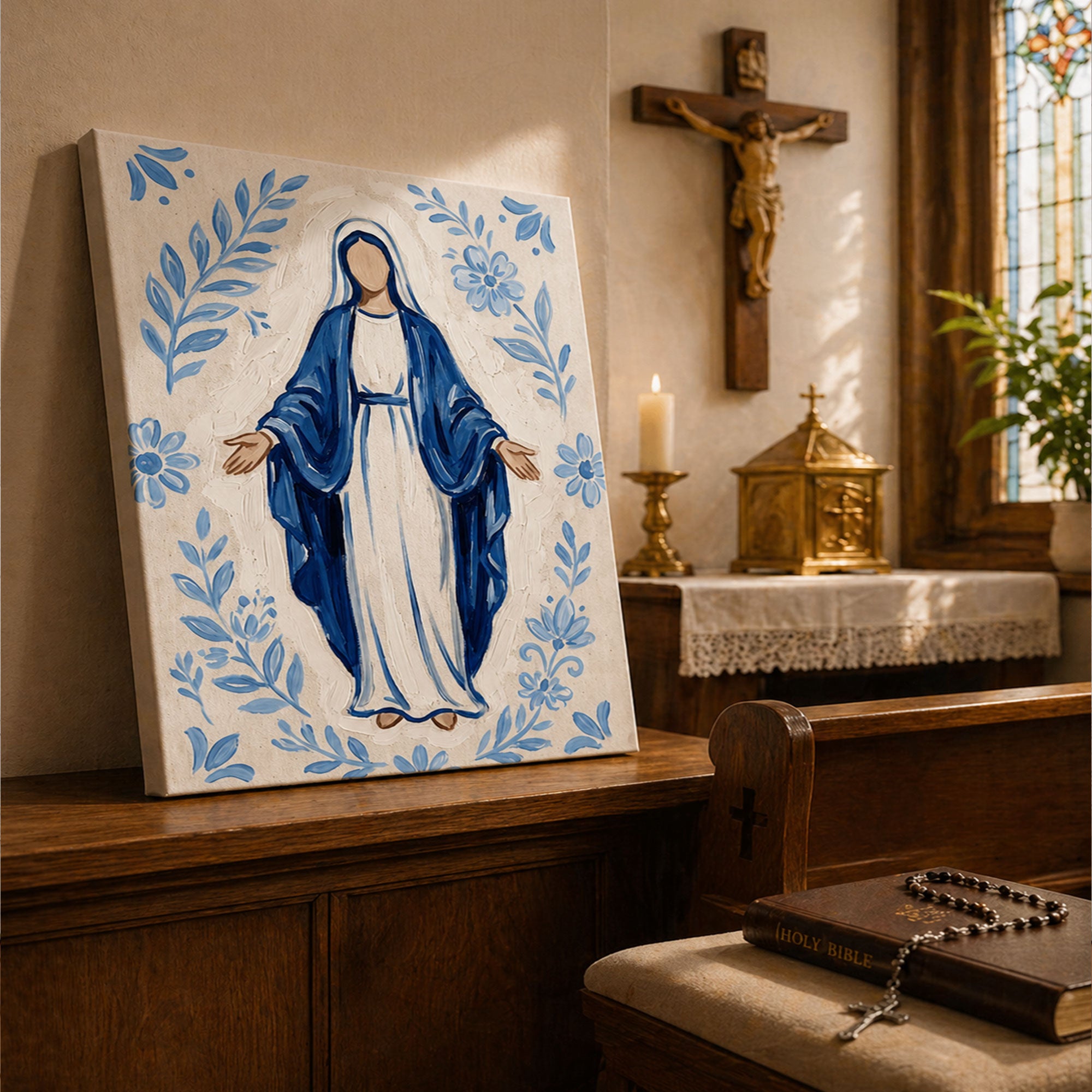Minimalist Virgin Mary Canvas Print, Blue Madonna Catholic Wall Art, Christian Religious Decor, Sacred Home Painting