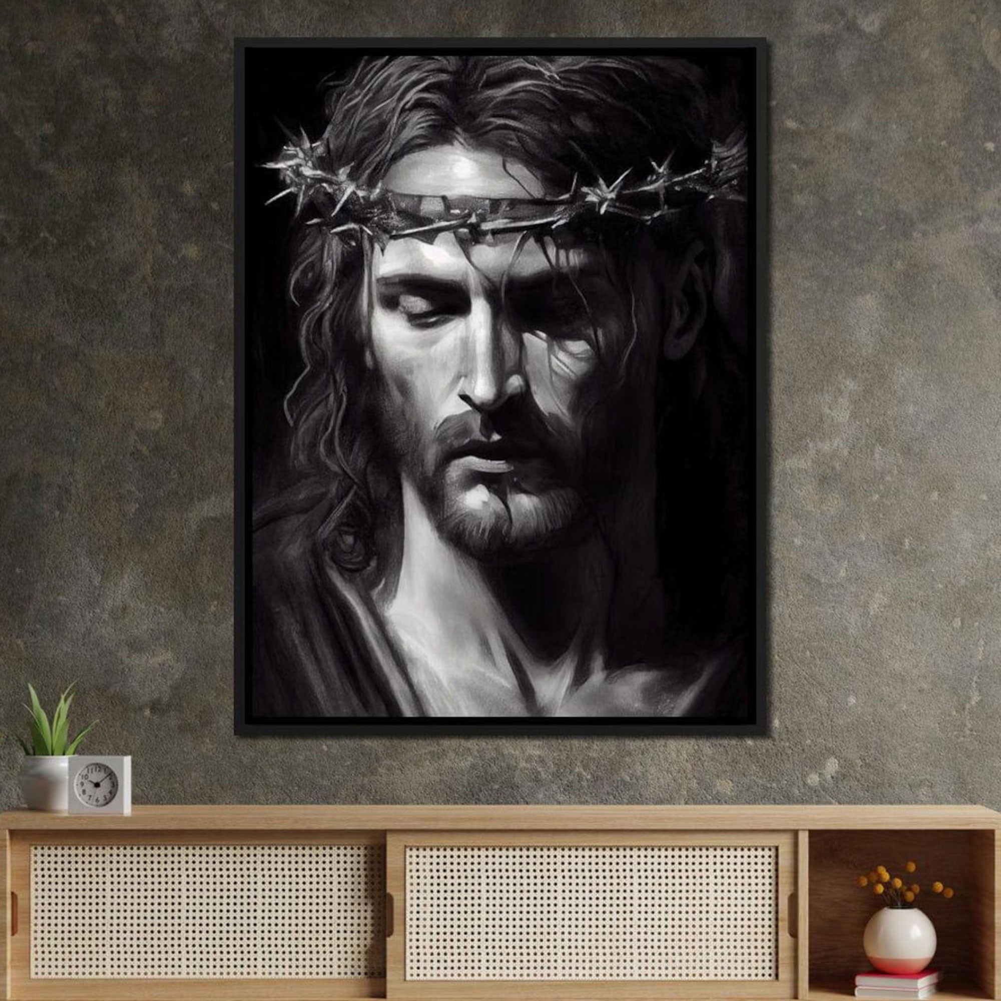 Black & White Jesus Portrait Canvas Print, Crown of Thorns Christian Wall Art, Minimalist Religious Decor