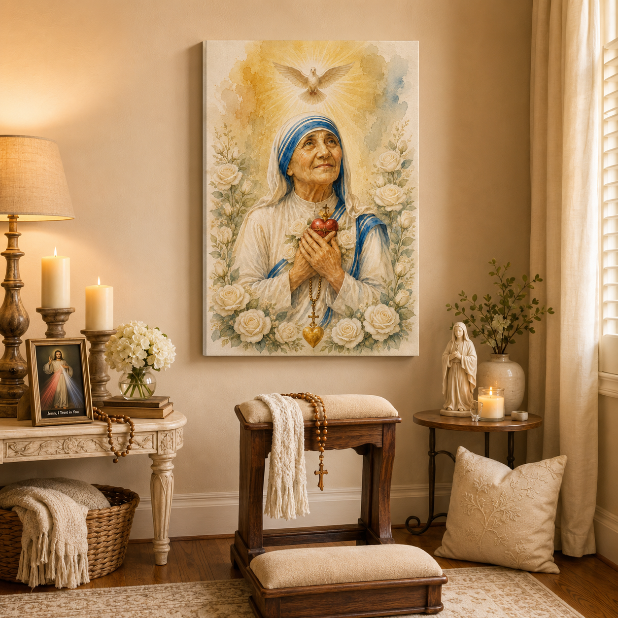 Mother Teresa With Holy Spirit Canvas Print - Dove White Roses