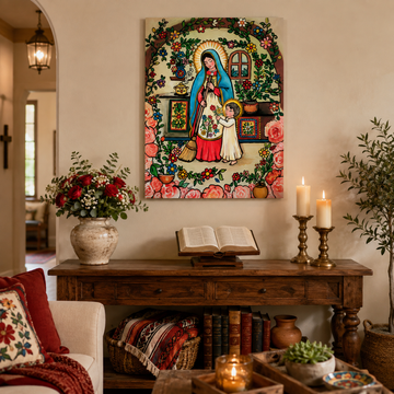 Virgin Mary and Child Jesus Canvas Print, Motherly Love and Grace, Catholic Folk Art Home Decor