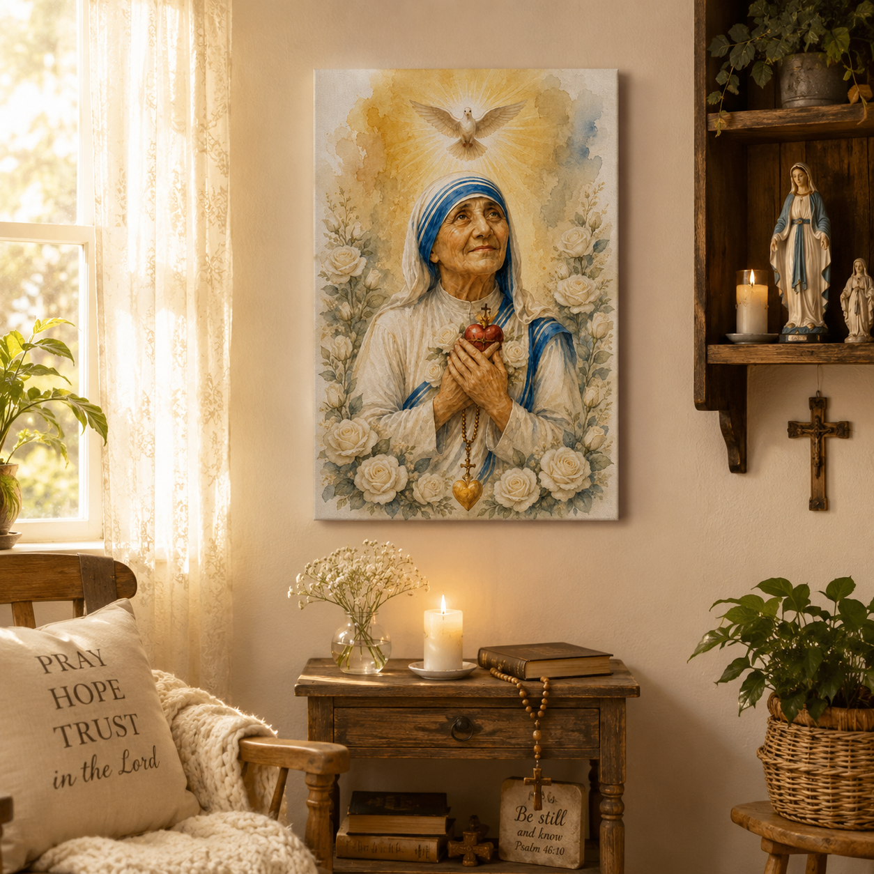 Mother Teresa With Holy Spirit Canvas Print - Dove White Roses