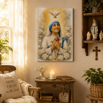 Mother Teresa With Holy Spirit Canvas Print - Dove White Roses