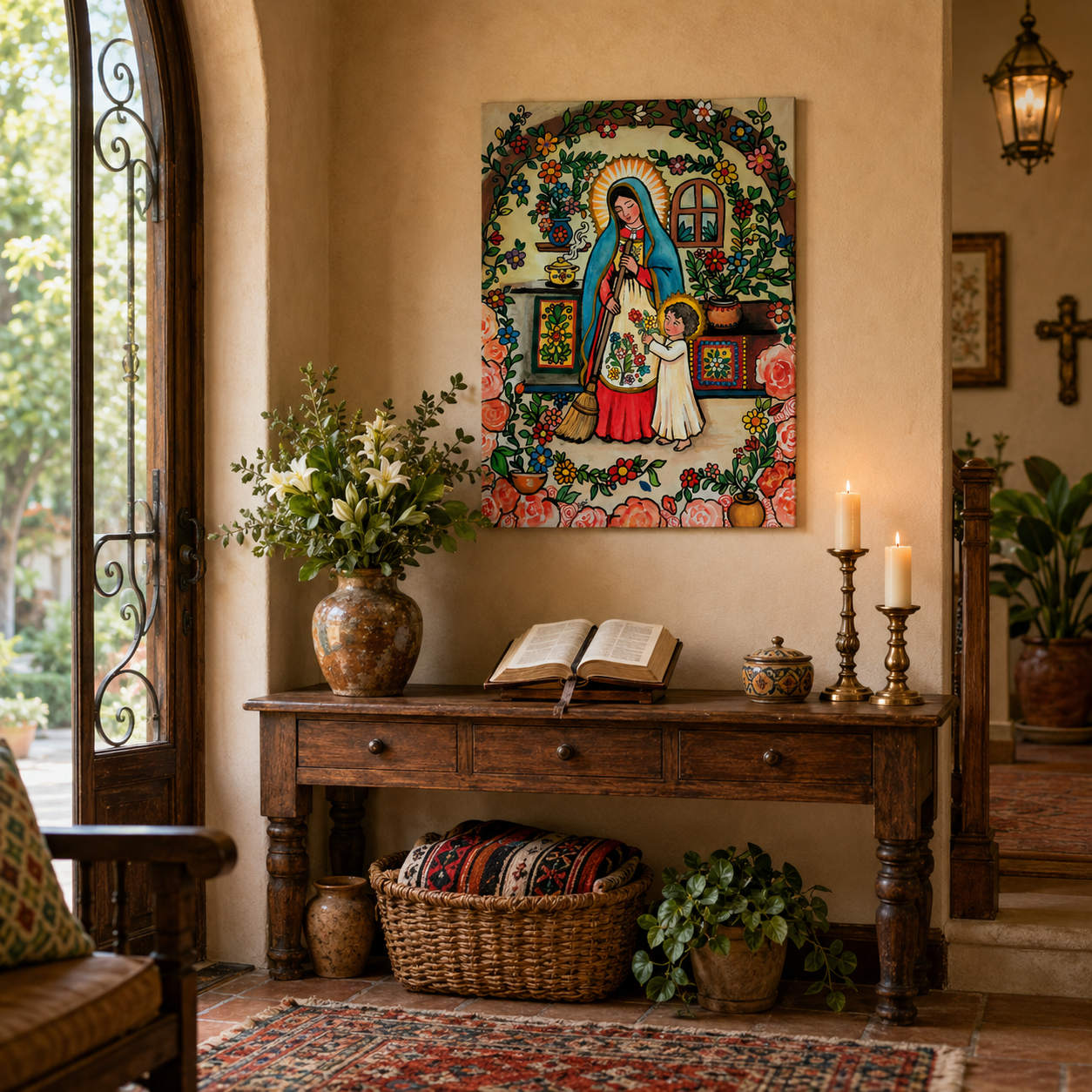 Virgin Mary and Child Jesus Canvas Print, Motherly Love and Grace, Catholic Folk Art Home Decor