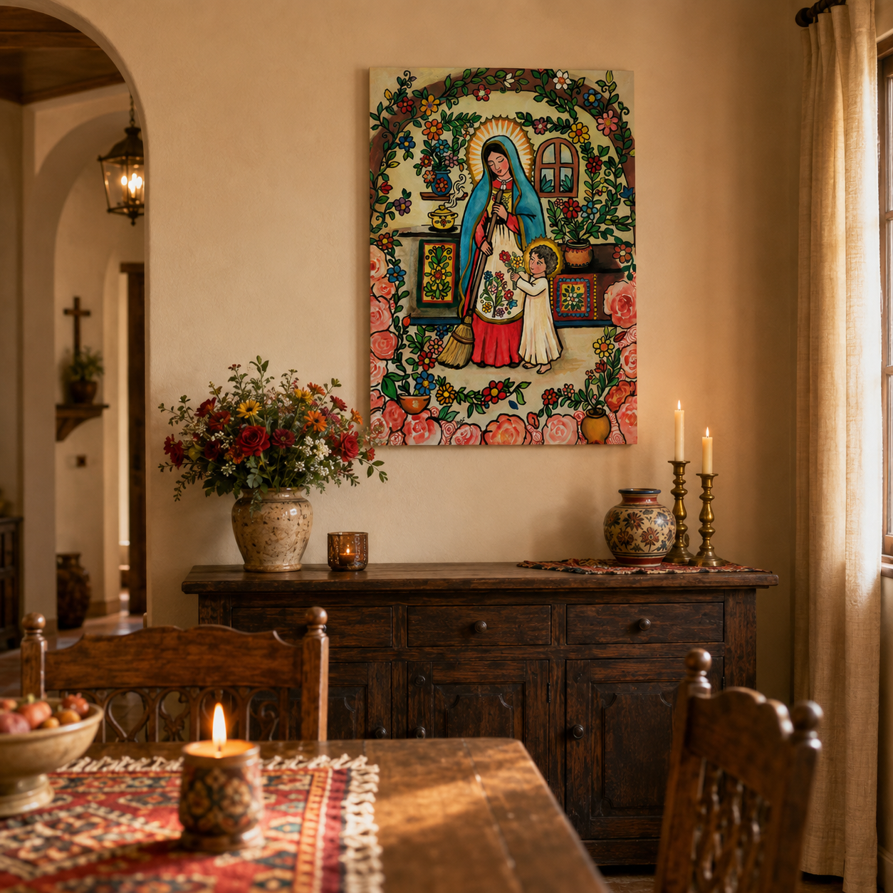 Virgin Mary and Child Jesus Canvas Print, Motherly Love and Grace, Catholic Folk Art Home Decor