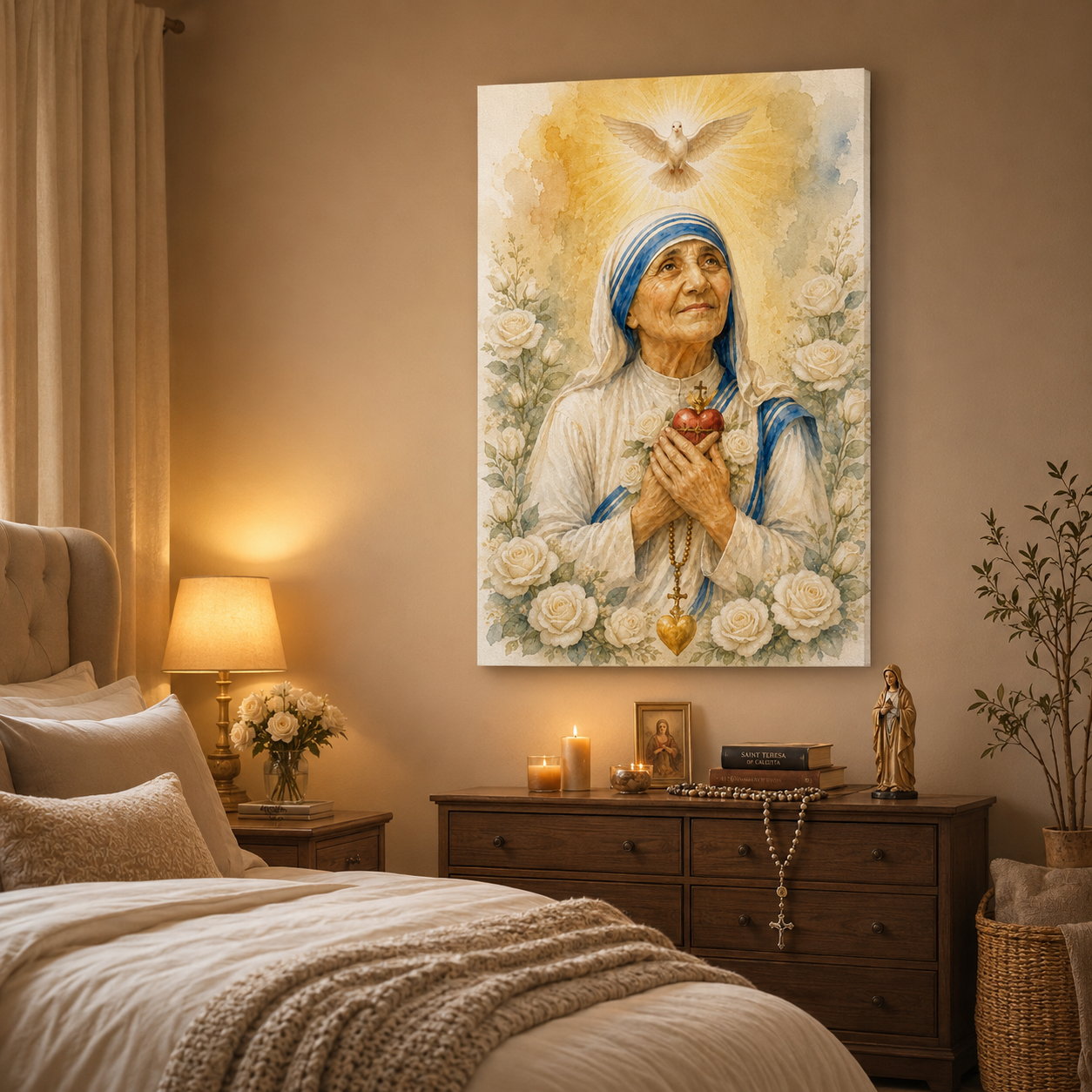 Mother Teresa With Holy Spirit Canvas Print - Dove White Roses
