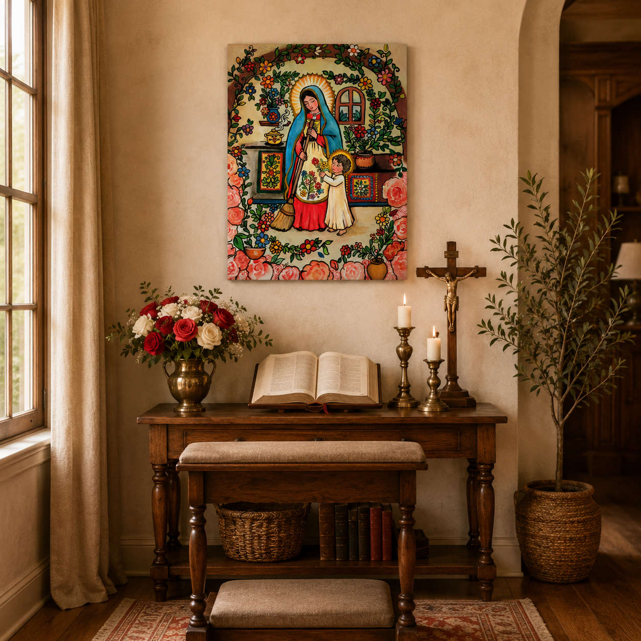 Virgin Mary and Child Jesus Canvas Print, Motherly Love and Grace, Catholic Folk Art Home Decor