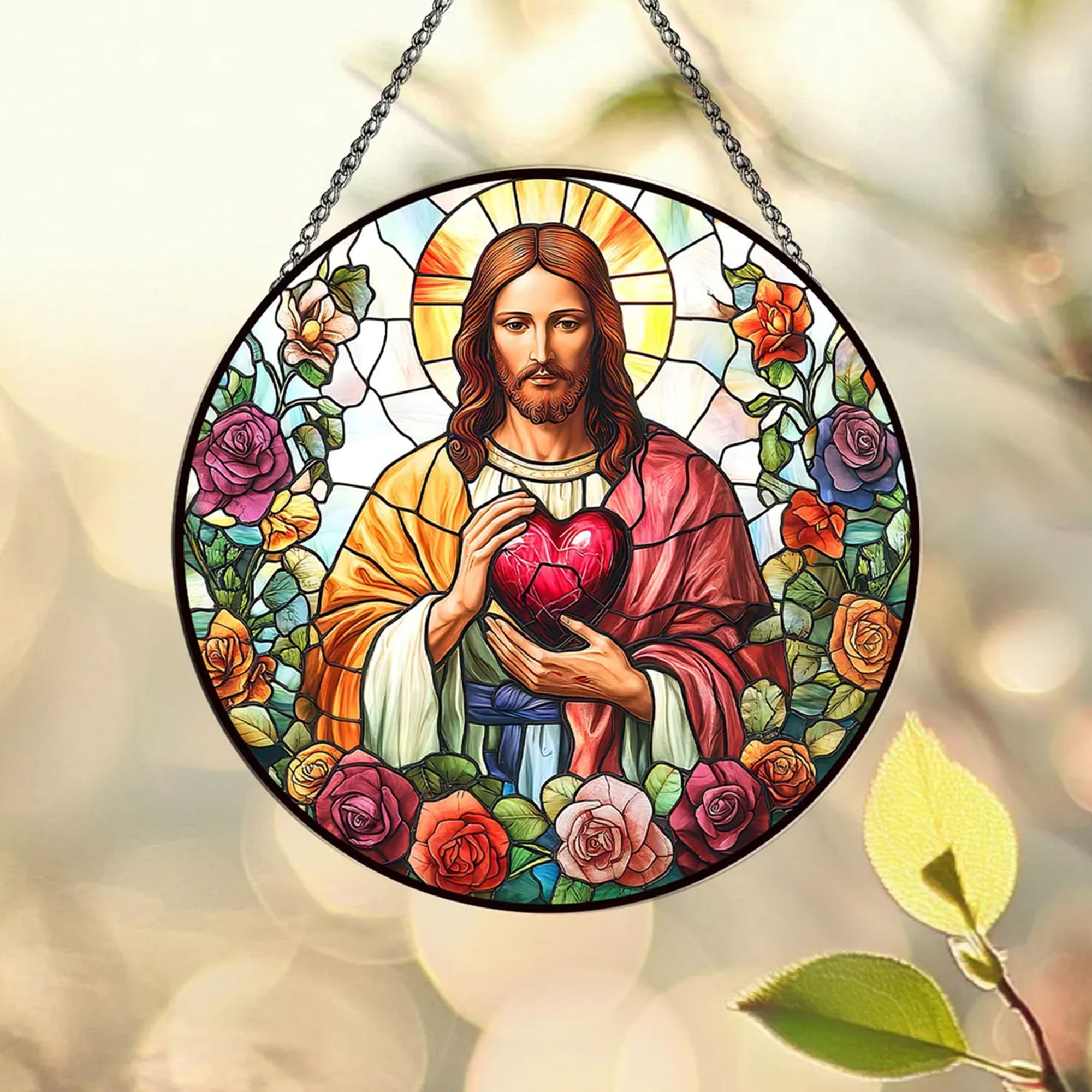 Sacred Heart of Jesus Stained Glass Suncatcher, Christian Window Hanging Decor, Catholic Religious Faith Gift