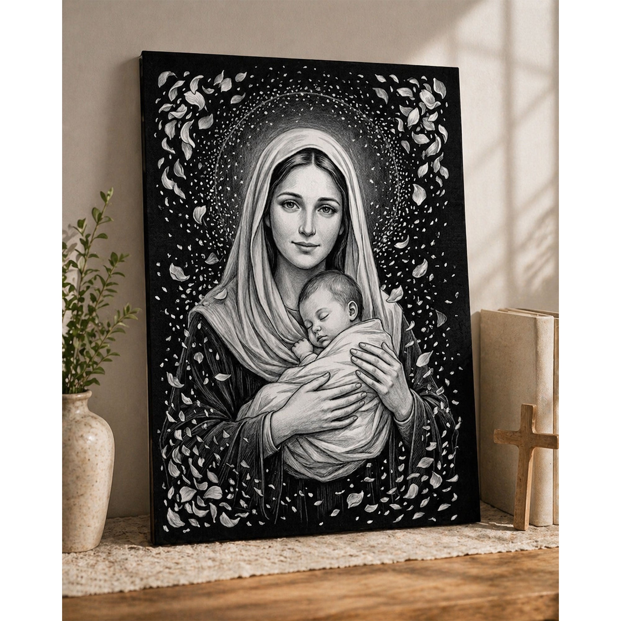 Black and White Virgin Mary with Child Canvas Print, Madonna and Baby Jesus Wall Art, Catholic Religious Decor