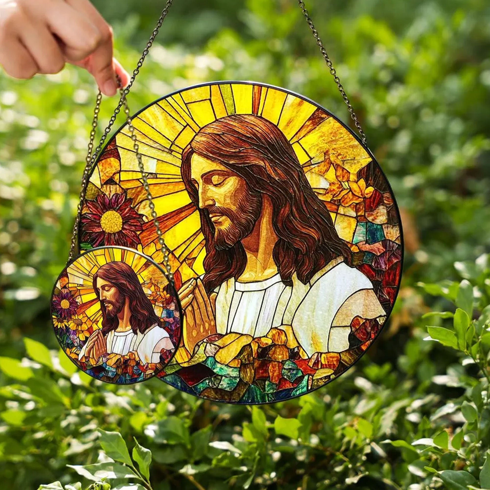 Jesus Stained Glass Suncatcher, Christian Window Hanging Decor, Floral Faith Gift, Religious Home Ornament