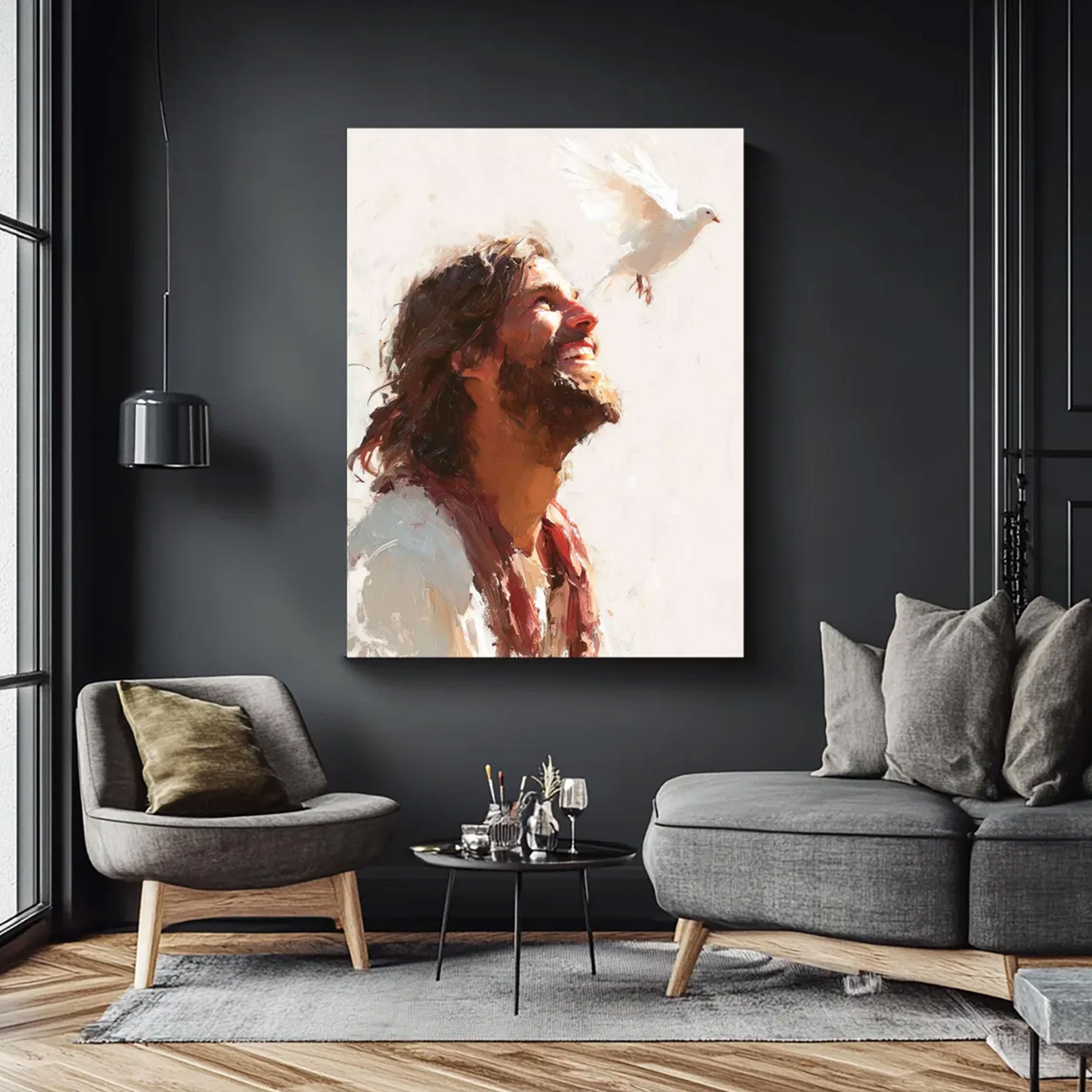 Jesus With Dove Canvas Print, Holy Spirit Christian Wall Art, Peaceful Savior Faith Decor
