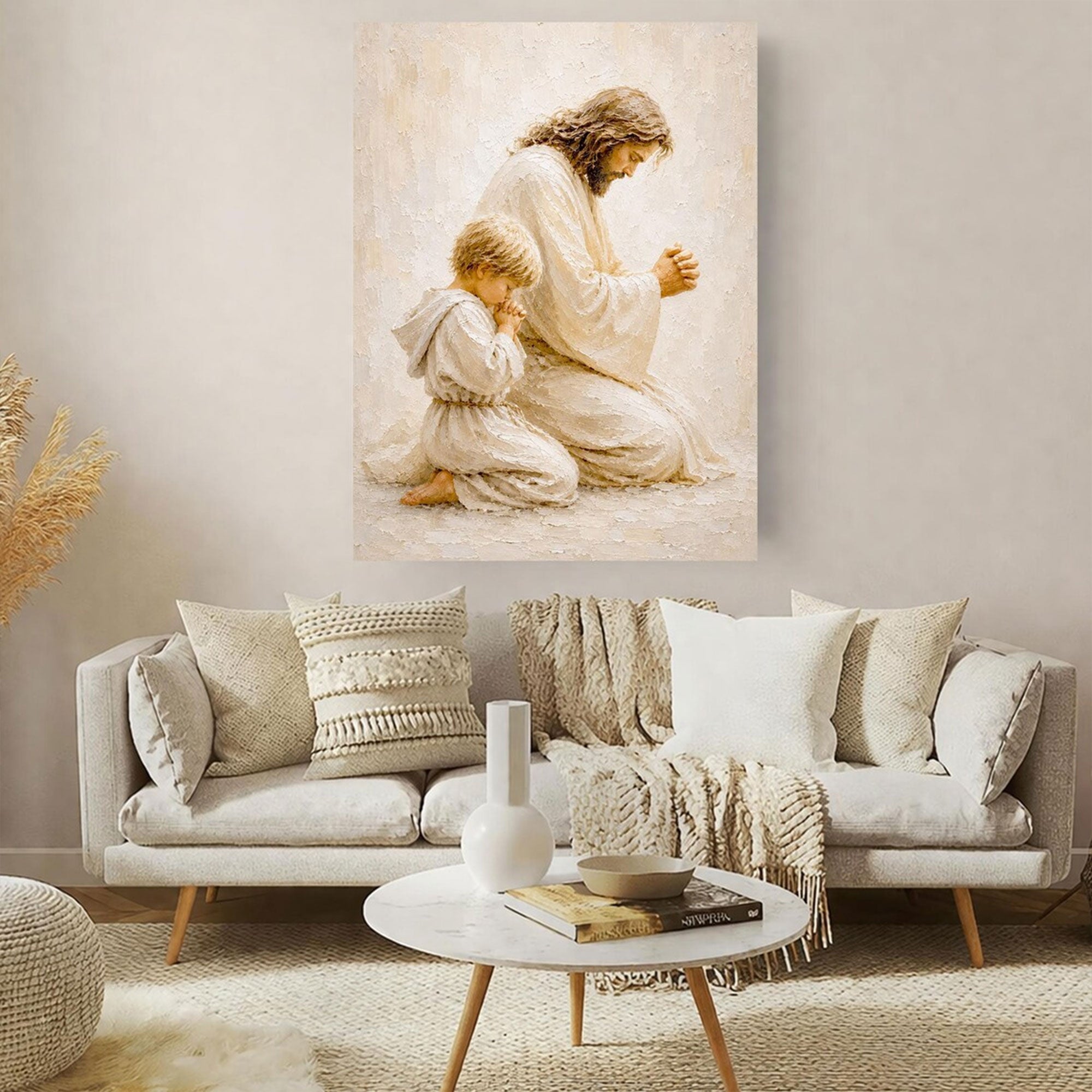 Jesus Praying With Child Canvas Print, Christian Family Prayer Wall Art, Peaceful Faith Home Decor