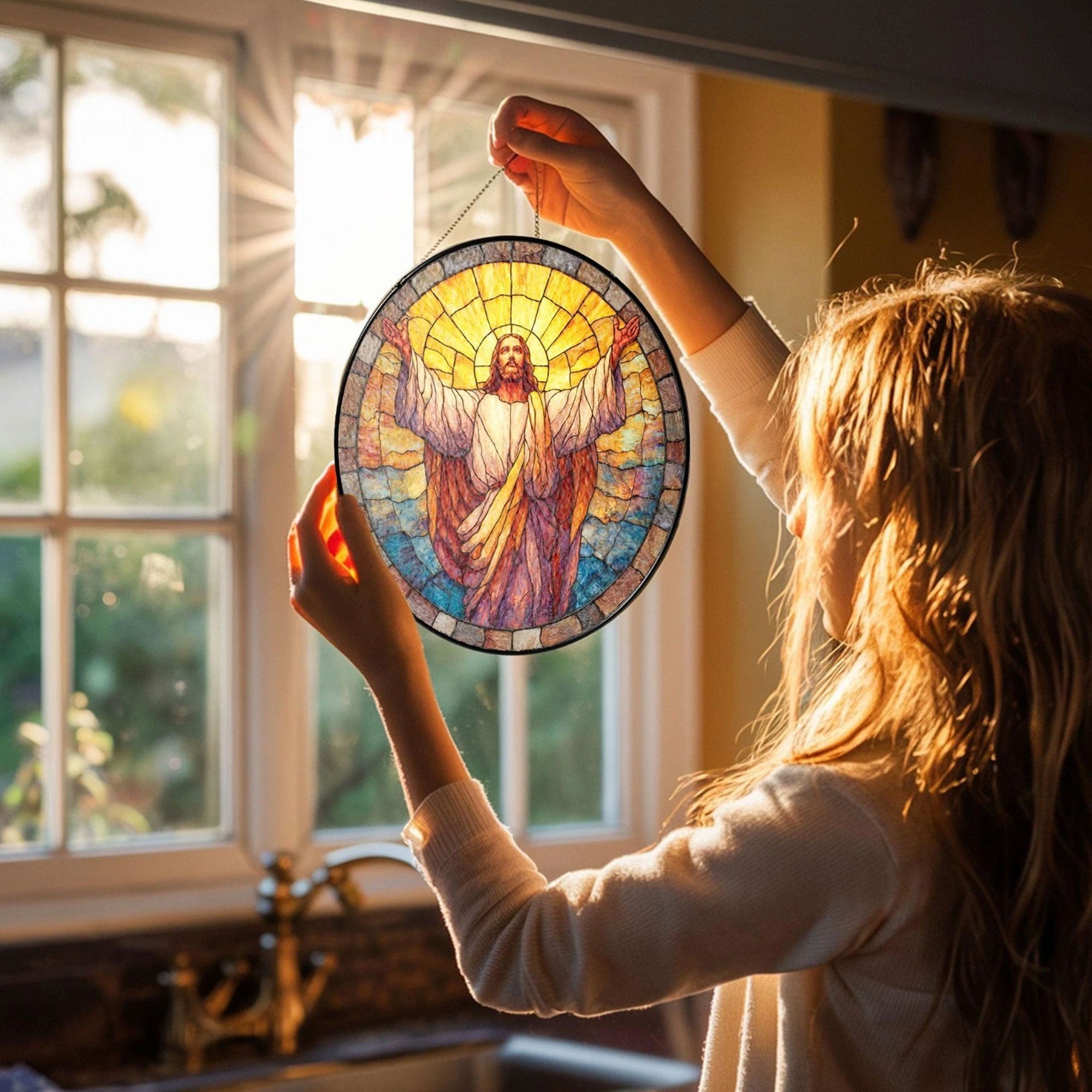 Jesus Stained Glass Suncatcher, Christian Window Hanging Decor, Radiant Faith Blessing Art, Religious Home Gift