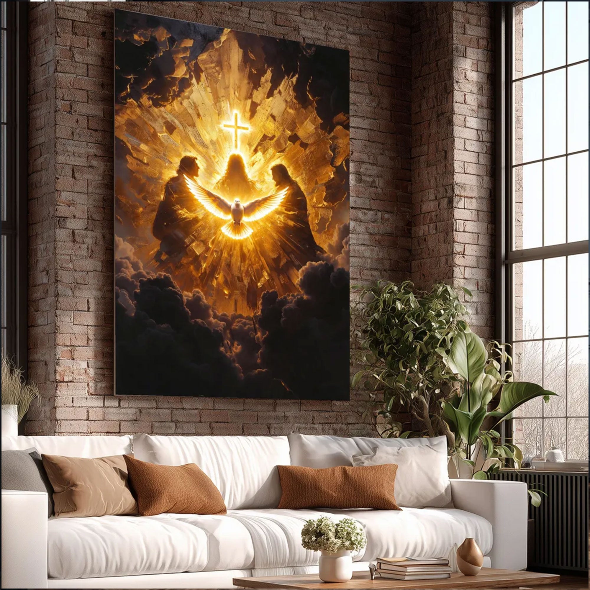Radiant Holy Spirit Canvas Print, Illuminated Dove with Cross Wall Art, Symbol of Divine Presence and Light, Christian Religious Decor, Inspirational Faith Gift