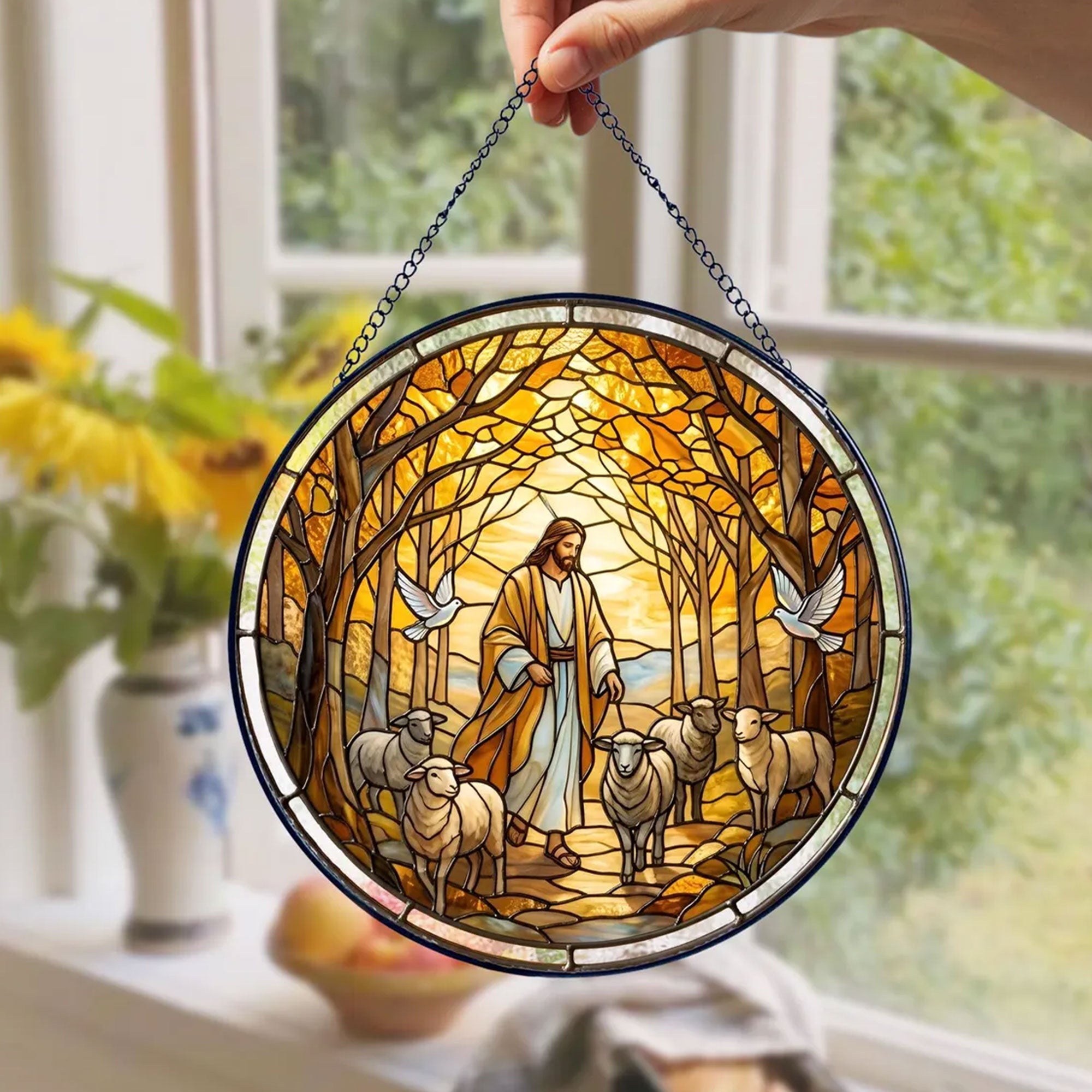 Jesus Good Shepherd Stained Glass Suncatcher, Christian Window Hanging Decor, Religious Faith Gift, Christ Wall Art