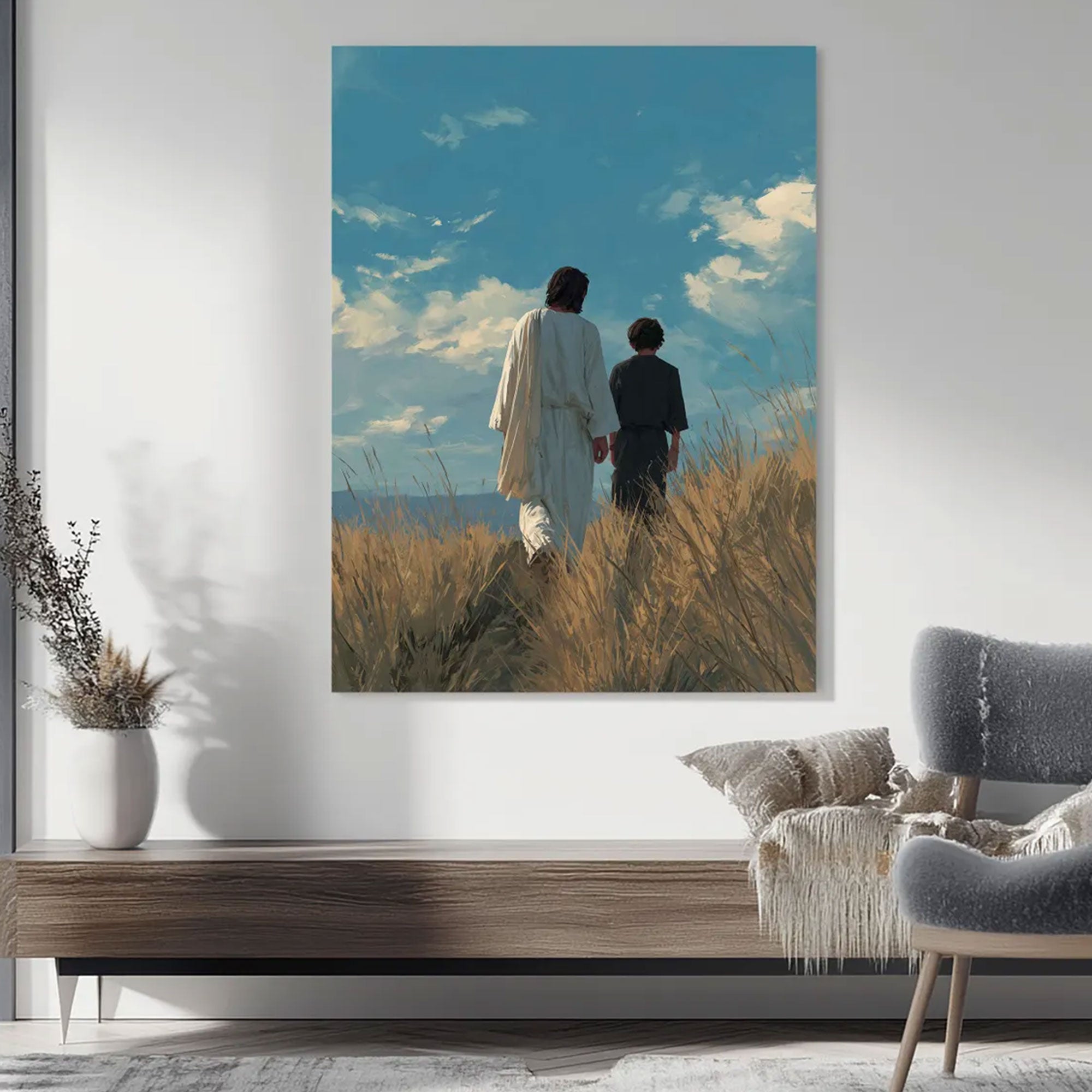 Jesus Walking With Child Canvas Print, Christian Faith Wall Art, Peaceful Spiritual Home Decor