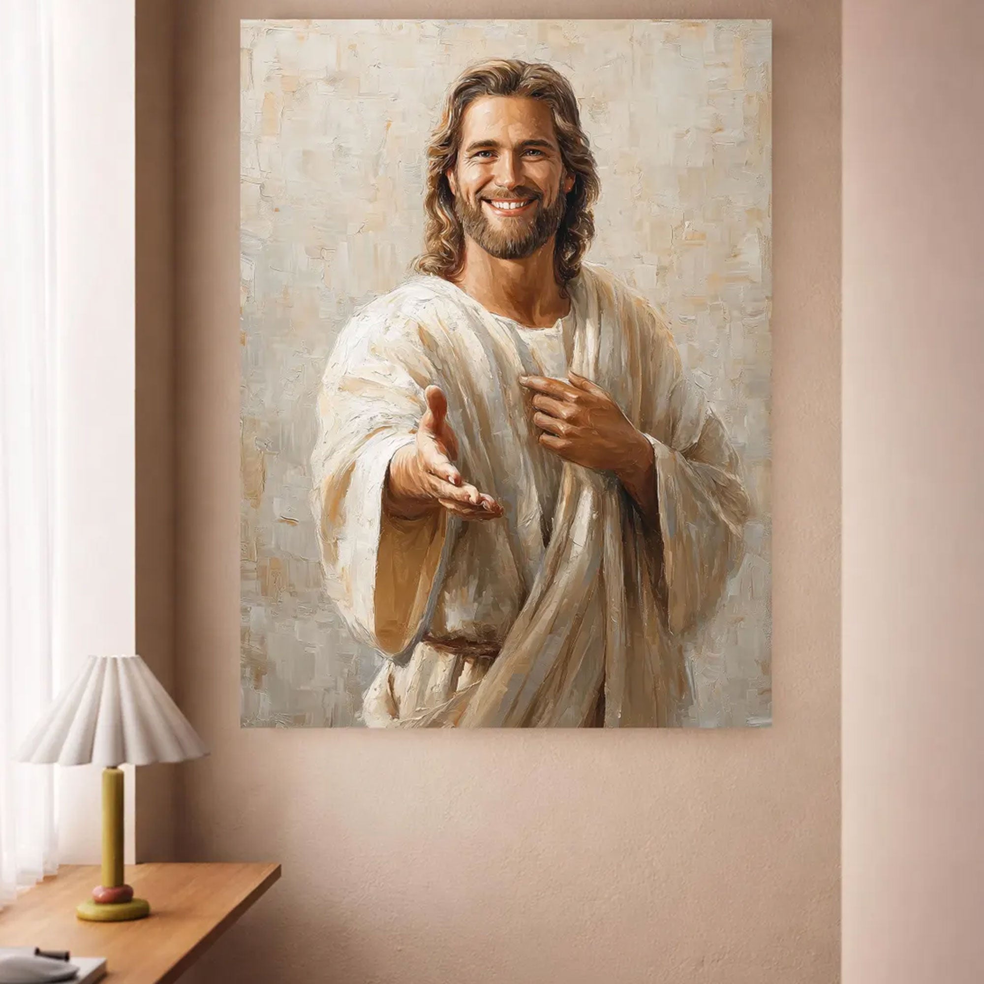 Smiling Jesus Canvas Print, Welcoming Christ Wall Art, Inspirational Christian Home Decor, Religious Gift