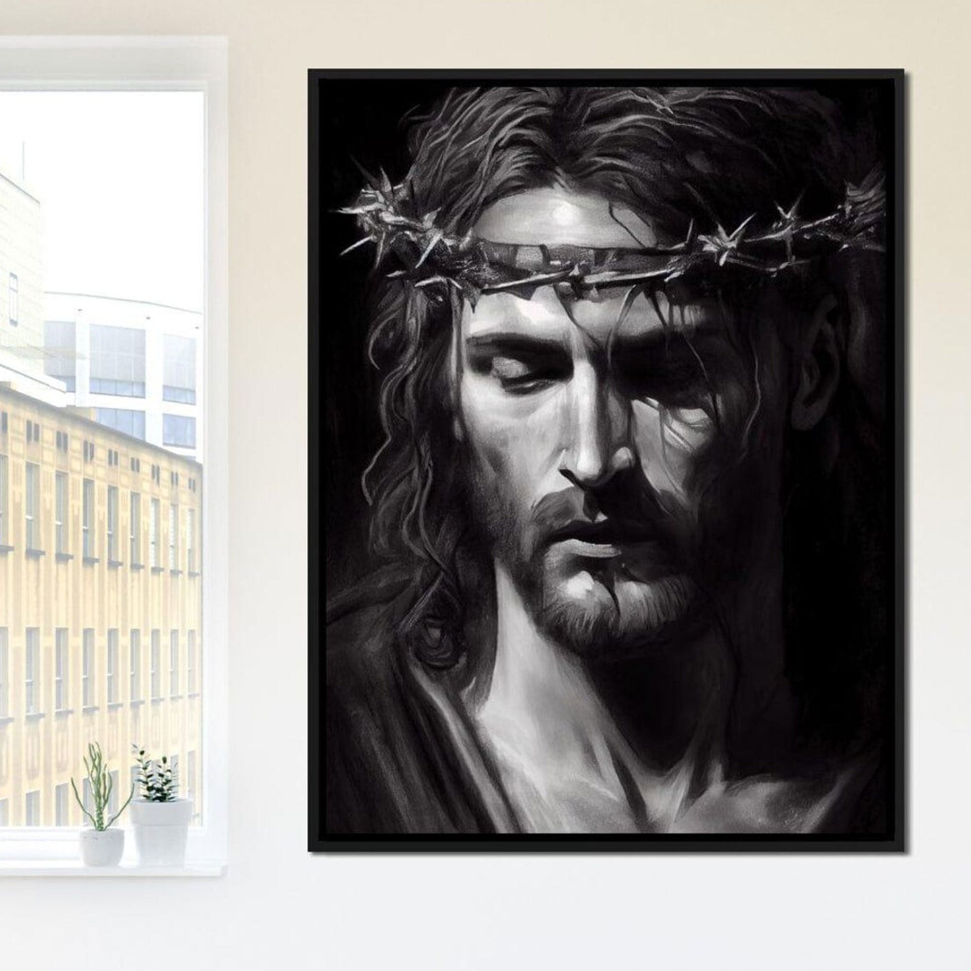 Black & White Jesus Portrait Canvas Print, Crown of Thorns Christian Wall Art, Minimalist Religious Decor
