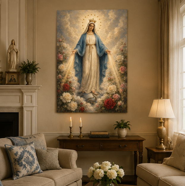 Our Lady of Grace Canvas Print, Virgin Mary with Rays of Grace, Catholic Home Decor