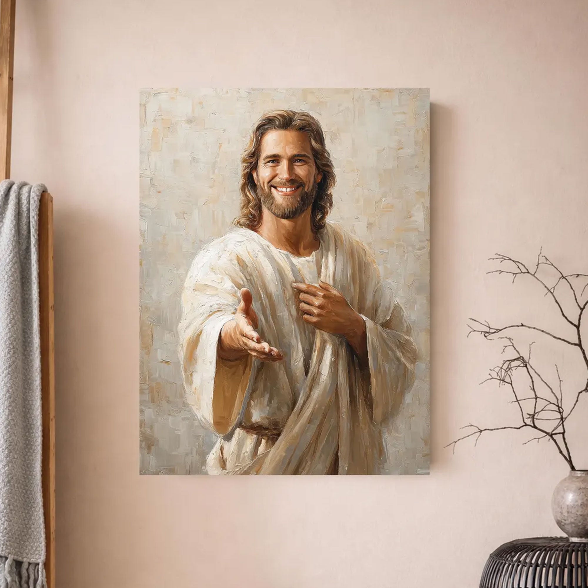 Smiling Jesus Canvas Print, Welcoming Christ Wall Art, Inspirational Christian Home Decor, Religious Gift