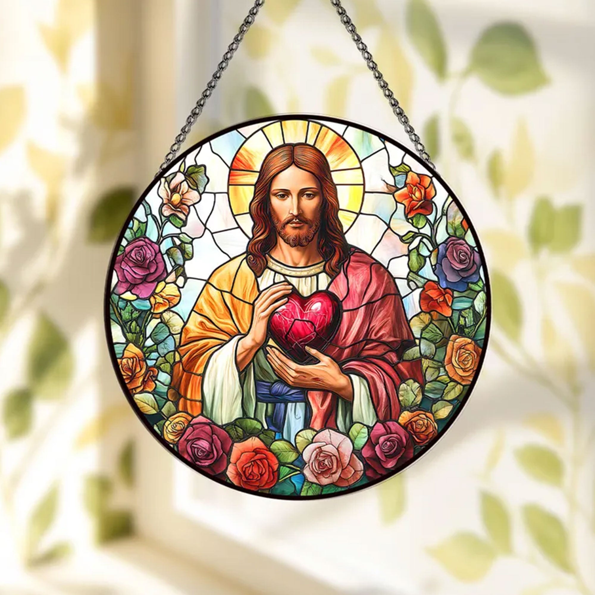 Sacred Heart of Jesus Stained Glass Suncatcher, Christian Window Hanging Decor, Catholic Religious Faith Gift