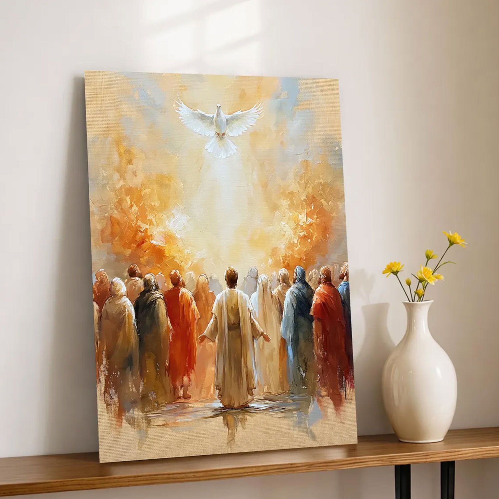 Pentecost Holy Spirit Canvas Print, Dove Christian Wall Art, Biblical Fire Faith Decor
