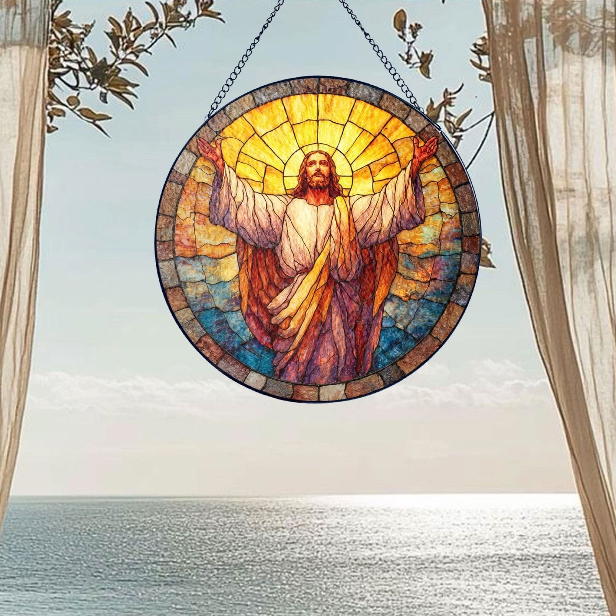 Jesus Stained Glass Suncatcher, Christian Window Hanging Decor, Radiant Faith Blessing Art, Religious Home Gift