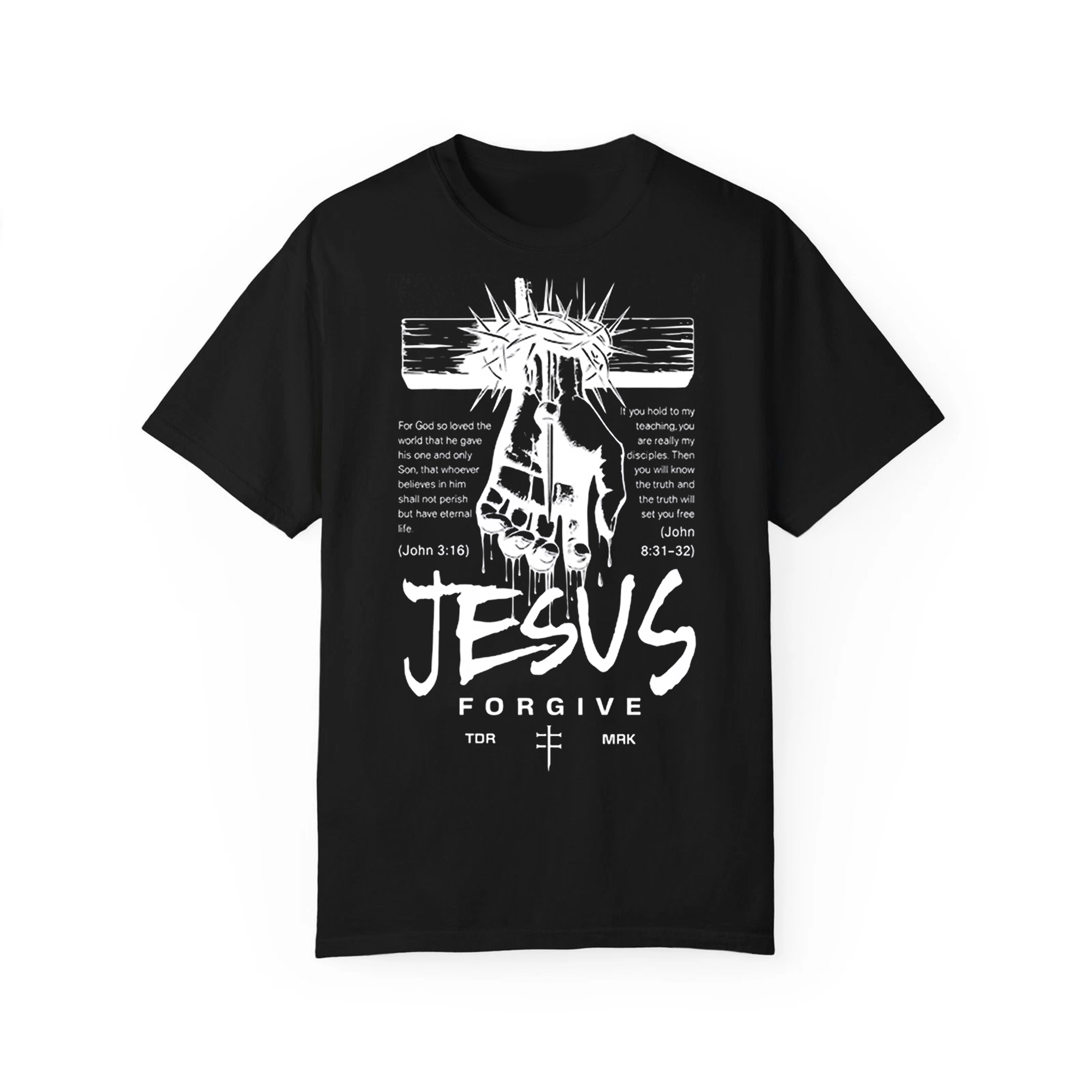 Minimalist Jesus Forgive Acid Wash Tee, Retro Christian Streetwear, Flat 2D Graphic Cross Shirt for Men & Women