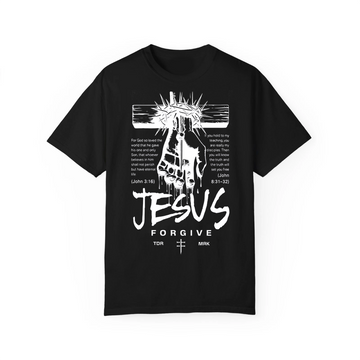 Minimalist Jesus Forgive Acid Wash Tee, Retro Christian Streetwear, Flat 2D Graphic Cross Shirt for Men & Women
